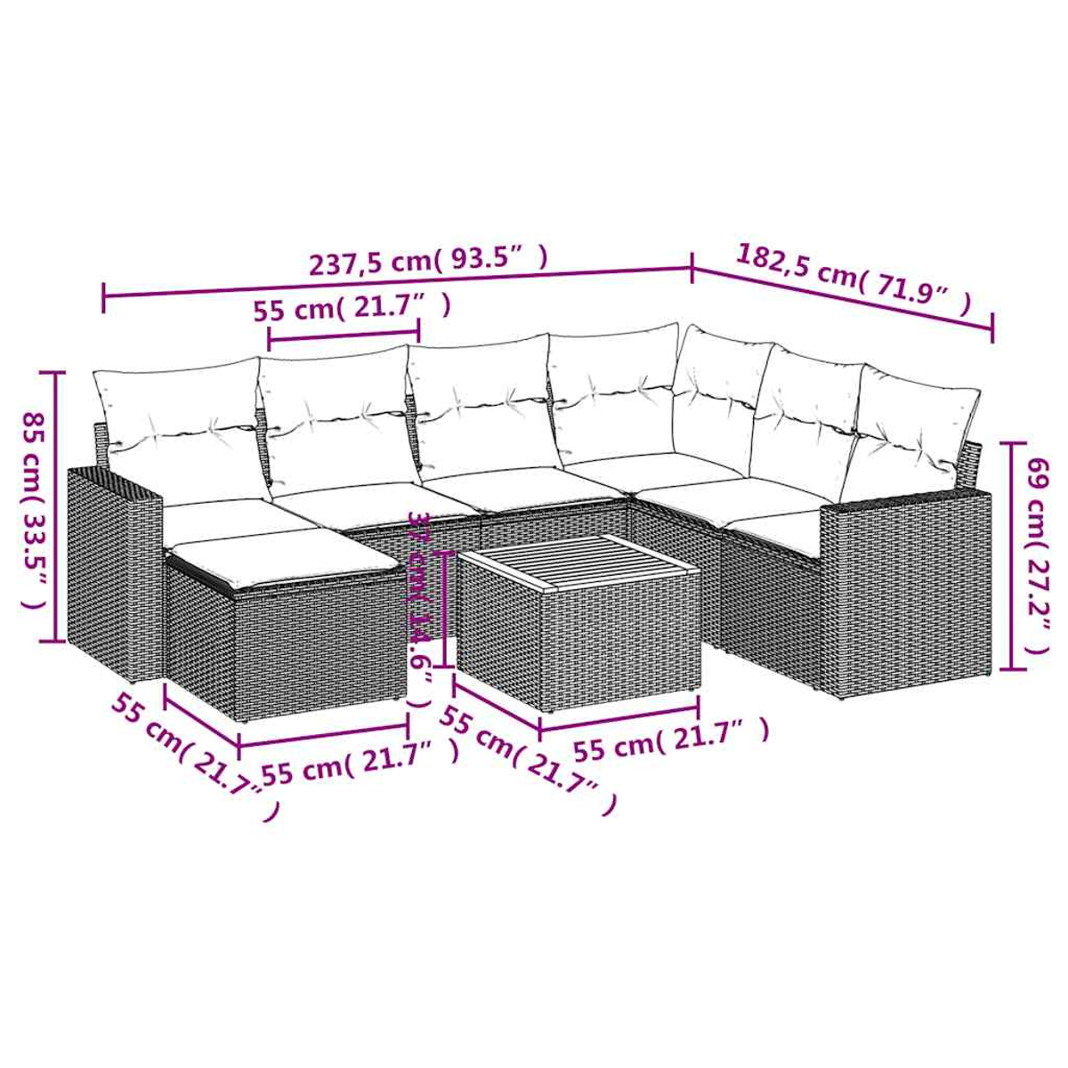 Geflecht-Lounge-Set mit Kissen und Tisch. Maße in cm und Zoll angegeben.