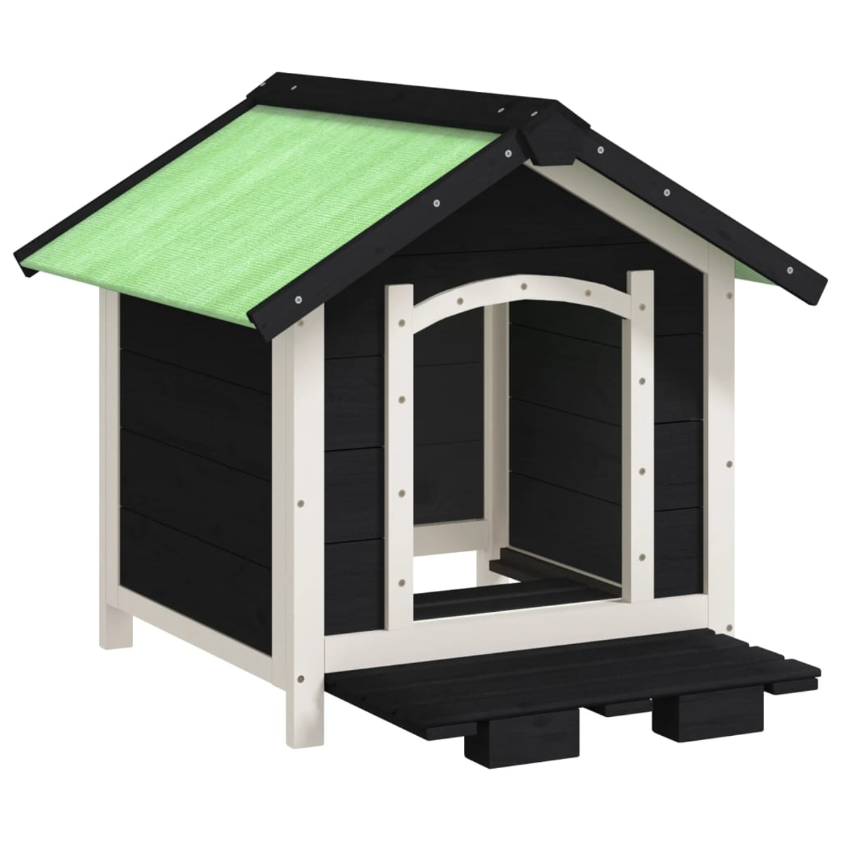 Ein schwarzes und weißes Hundehaus mit einem hellgrünen Dach und einer Veranda.