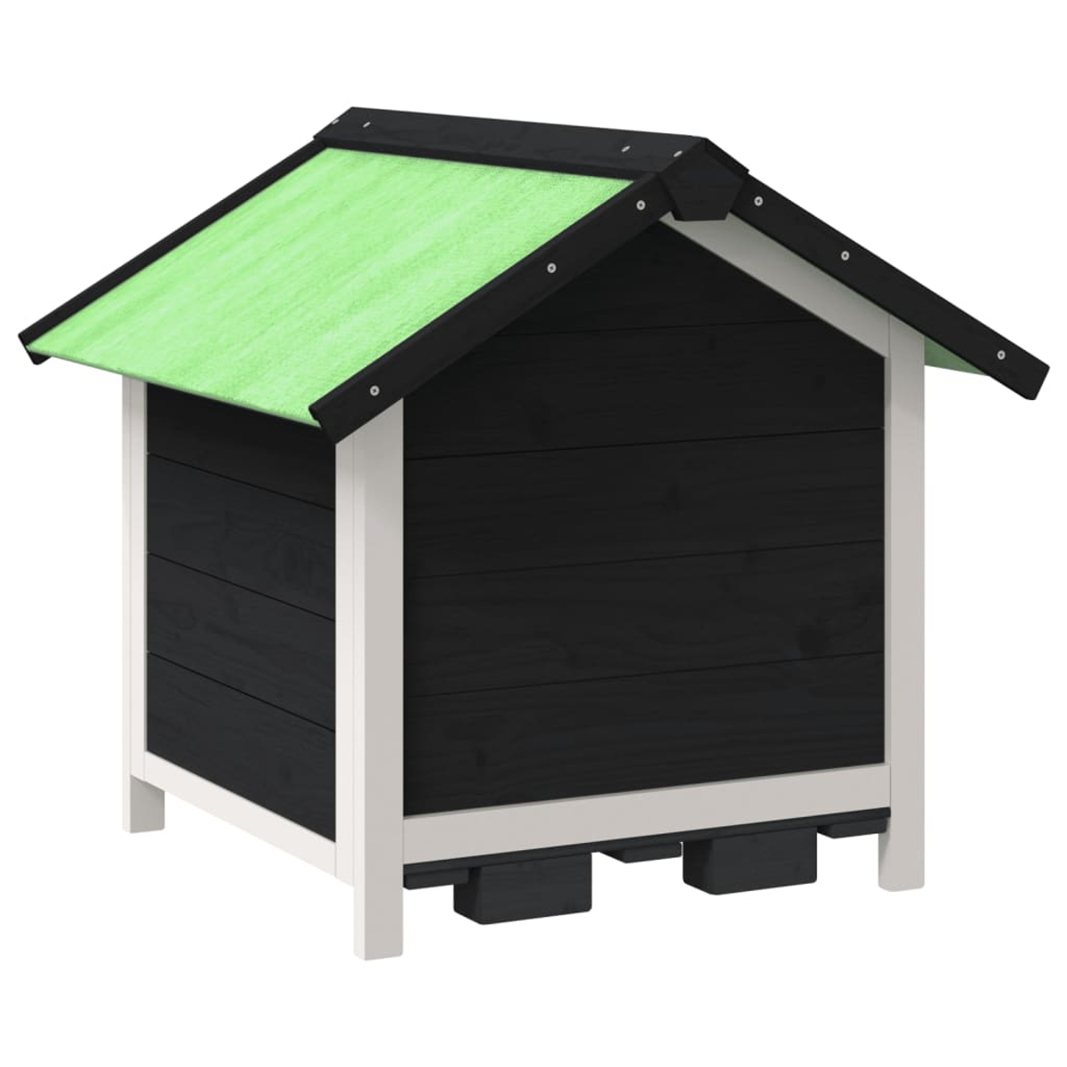 Ein schwarz gestrichenes Holzhaus mit weißem Rahmen und einem hellgrünen Dach.