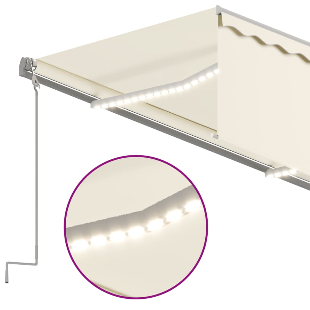 Ein cremefarbener Markisenstoff mit integrierten LED-Lichtern und einer Kurbel.