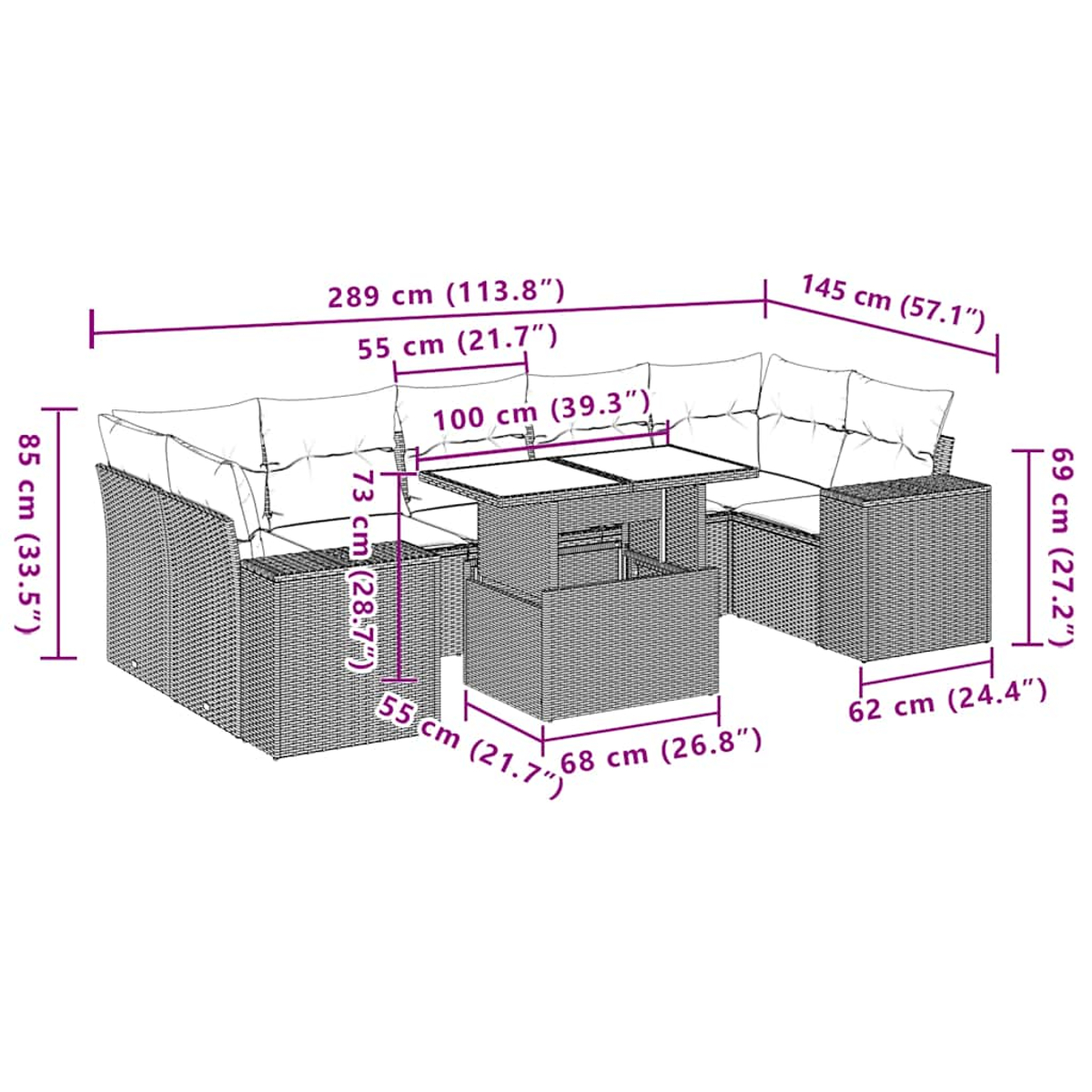 Geflochtene Lounge-Garnitur mit Tisch: L 289cm, B 85cm, H 73cm.