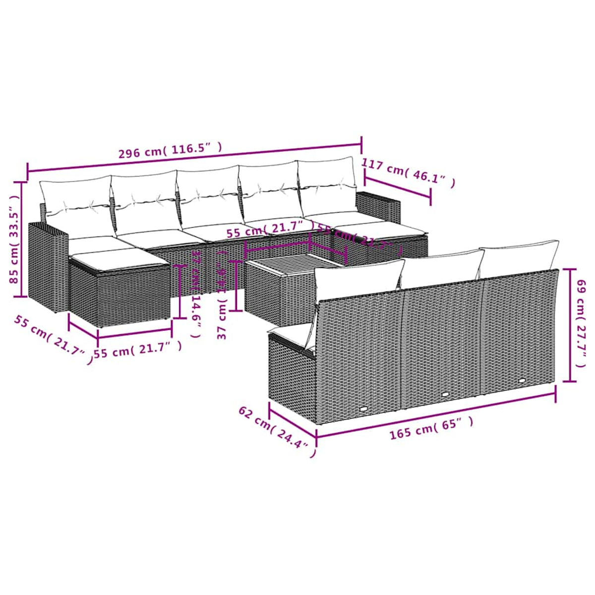 Diagramm mit Außenmöbeln und Maßen: Ecksofa, Sessel und Couchtisch.