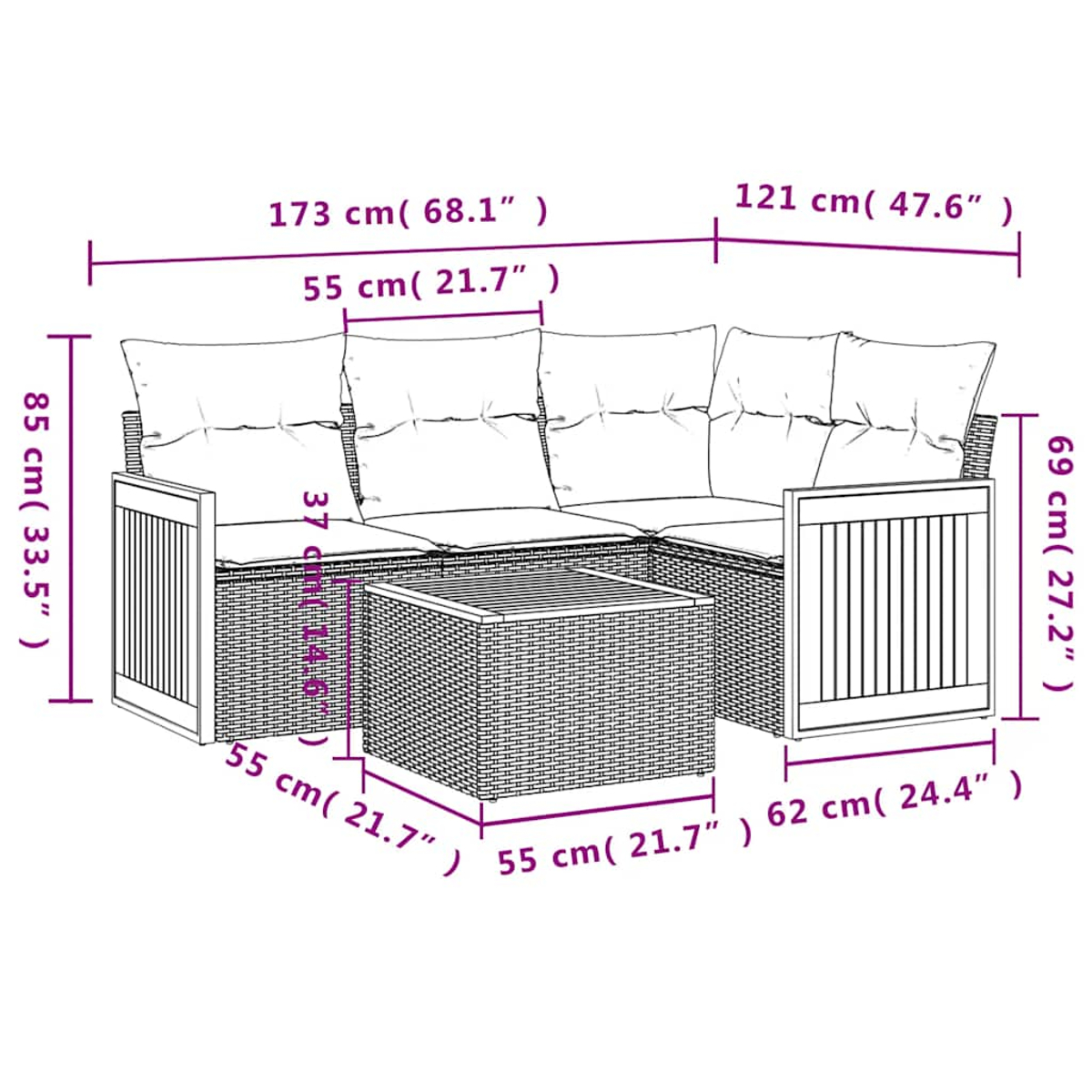 Gartenlounge-Set mit Maßen: 173x85x69 cm und 121x55x37 cm.