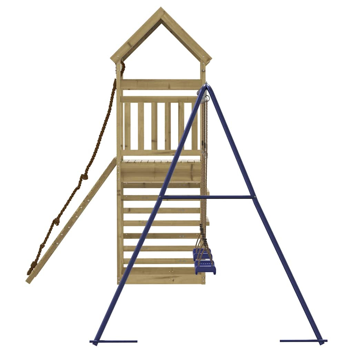Torre gioco in legno con scala, corda e altalena blu