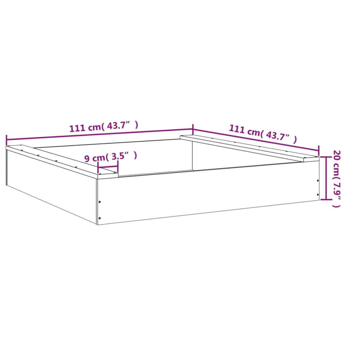 Cassetta in legno bianca con dimensioni: base 111 x 111 cm, altezza 20 cm.