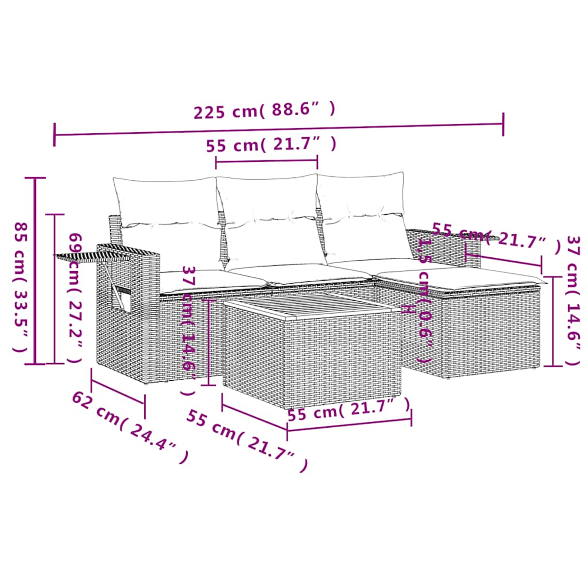 Rattan-Lounge-Set mit Tisch, Maße sind angegeben.