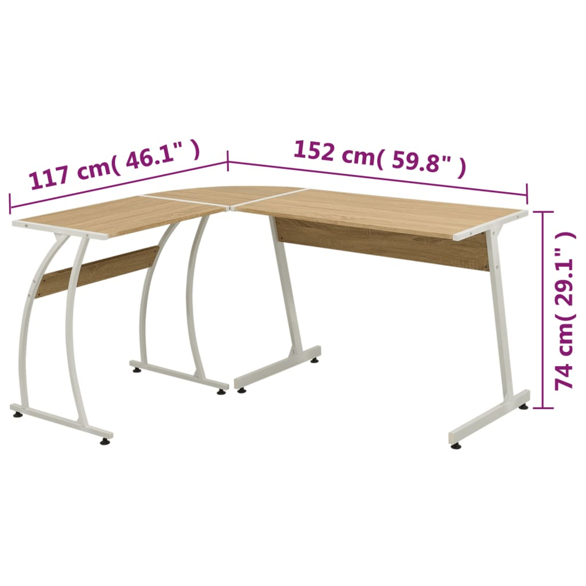 L-förmiger Schreibtisch mit heller Holzplatte und weißen Metallbeinen. Maße angegeben.