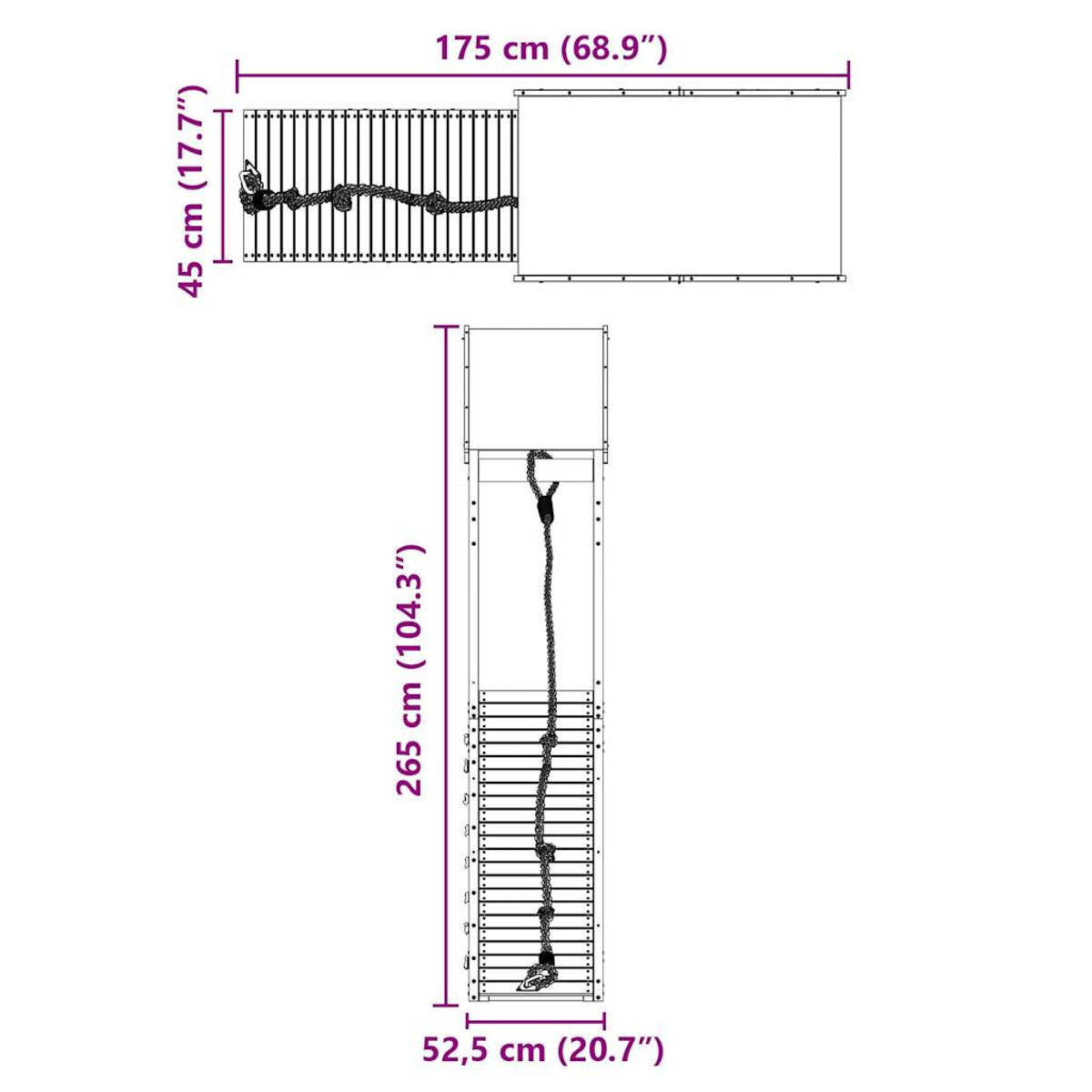 Dimensioni di una struttura per arrampicata: 175 cm di larghezza, 45 cm di altezza, 265 cm di altezza, 52,5 cm di larghezza.