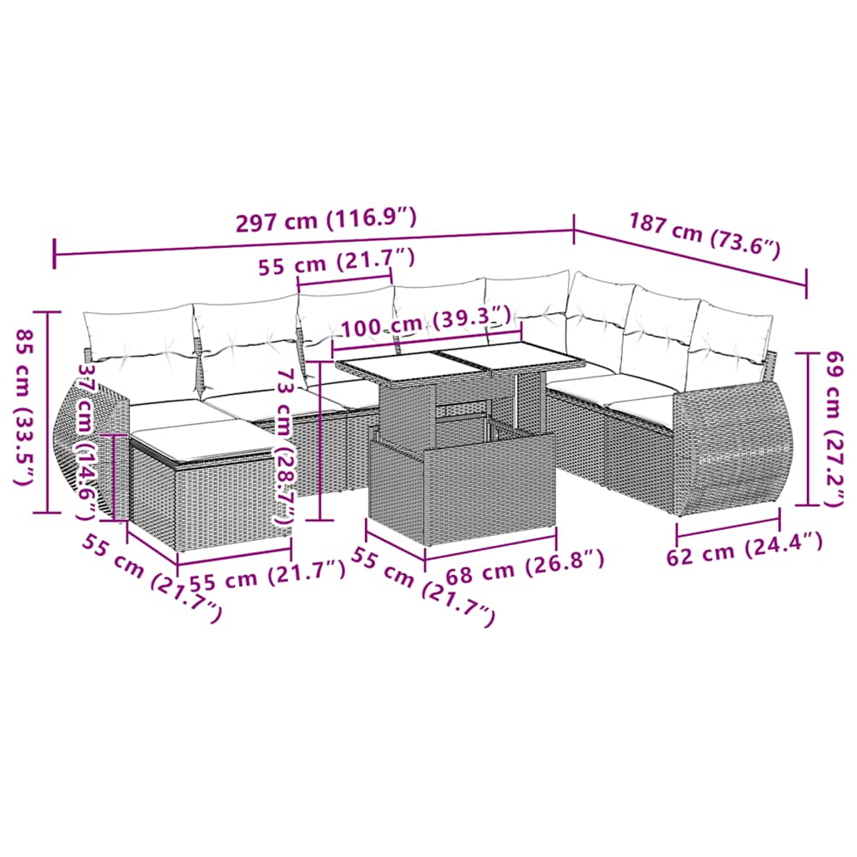 Geflochtenes Lounge-Set mit Tisch und Maßen.