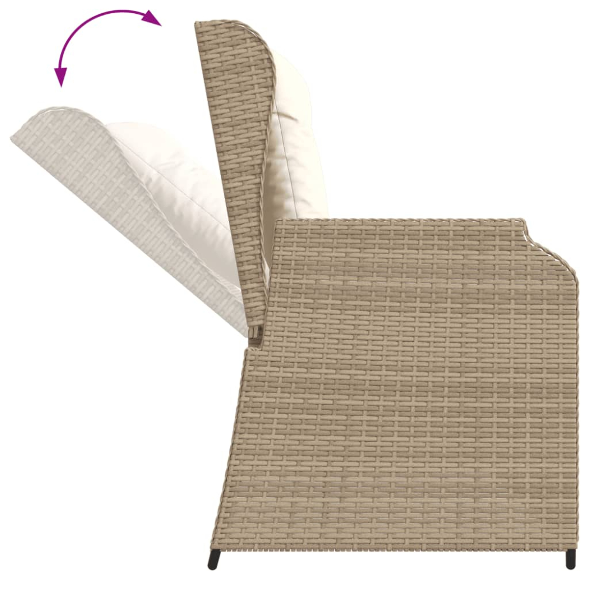 Brauner Rattan-Sessel mit verstellbarer Rückenlehne und hellem Kissen.