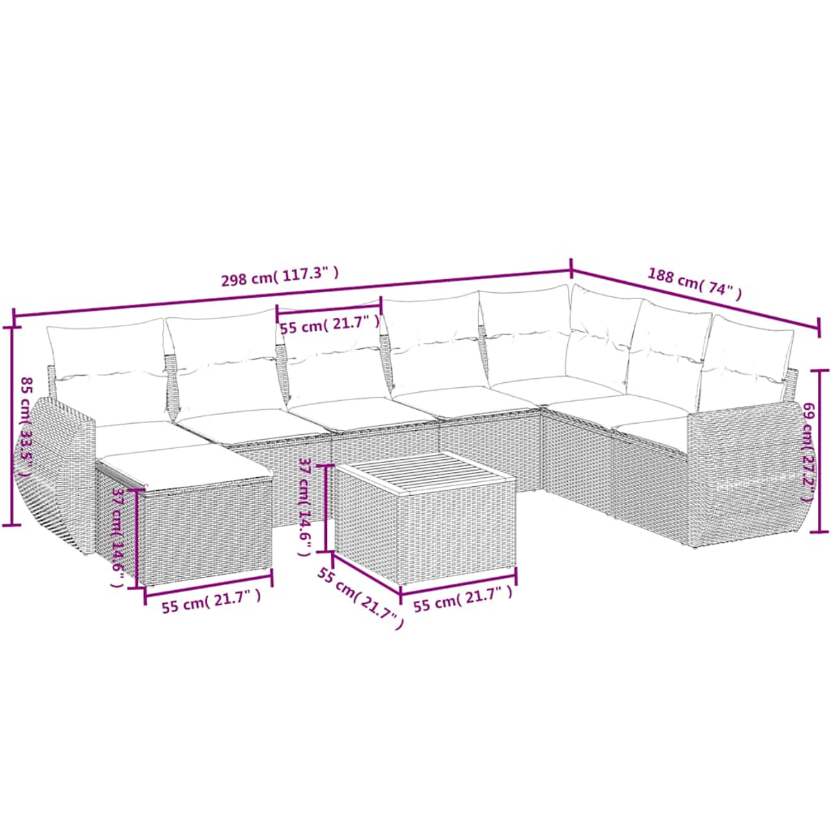 Ein modulares Outdoor-Sofa mit weißen Kissen und einem Tisch.