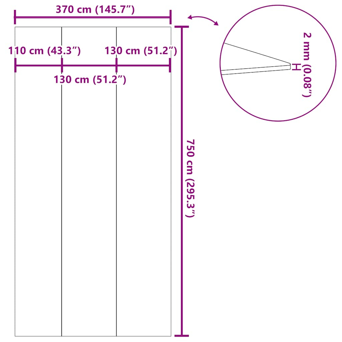 Diagramm mit Maßen: Breite 370 cm, Höhe 750 cm. Details: 110, 130, 130 cm. Dicke 2 mm.