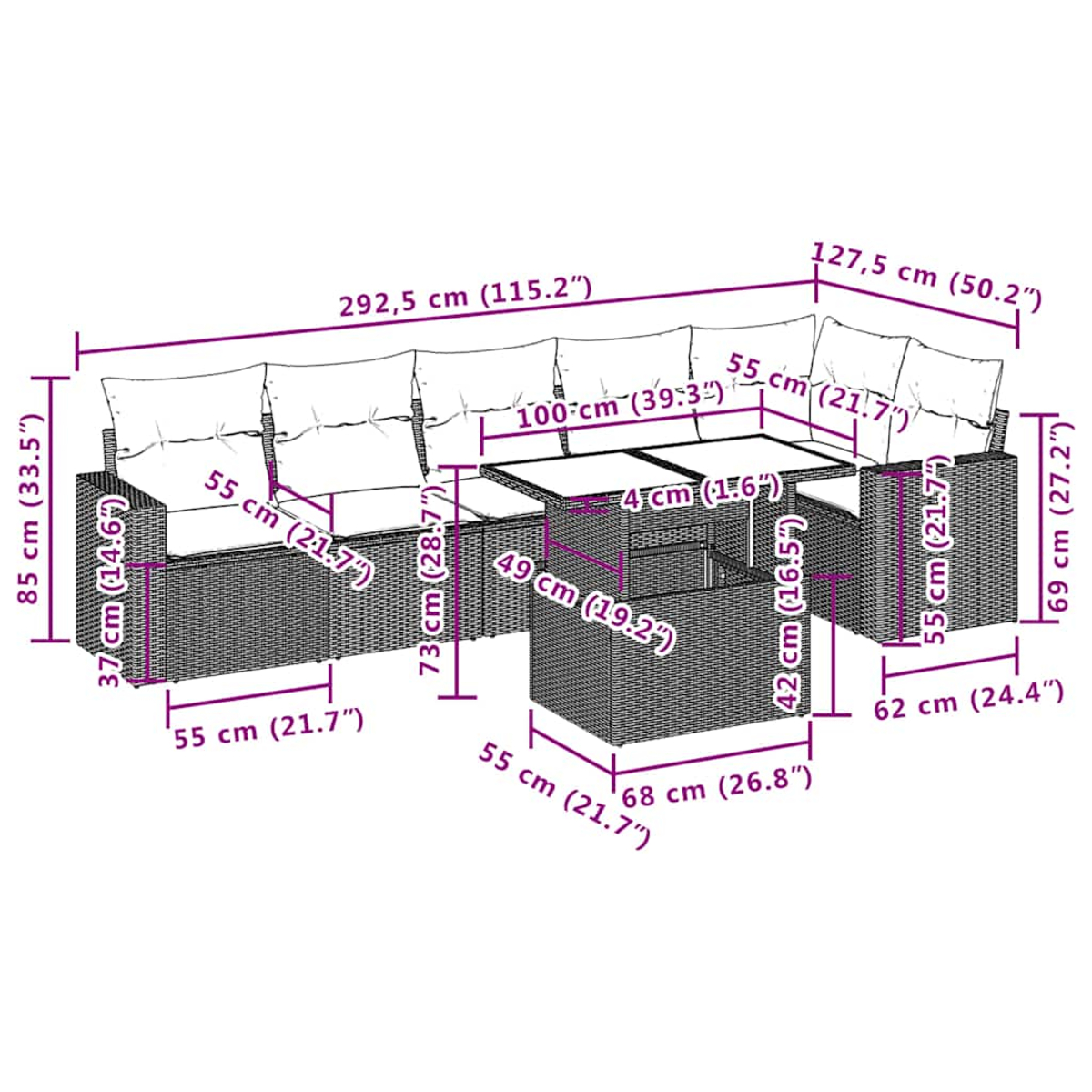 Geflecht-Lounge-Set mit Tisch und Maßen: 292,5x85x73 cm, 127,5x69x55 cm.