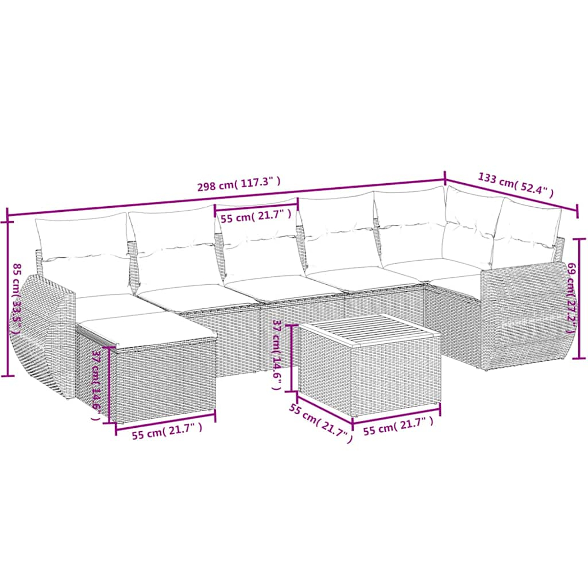 Rattan-Lounge-Set mit Kissen, Maße sind angegeben.