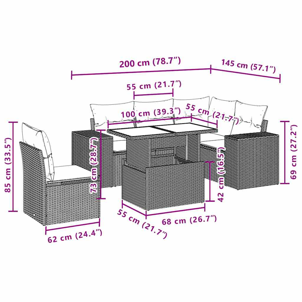 Geflochtenes Gartenmöbel-Set mit Tisch, Sofa und Stühlen, mit Maßen.