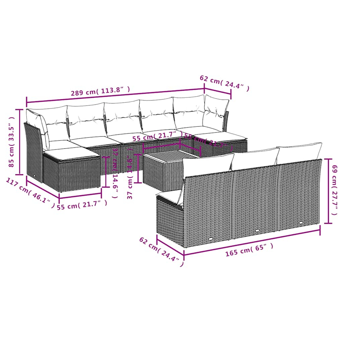 Geflecht-Lounge-Set mit weißen Kissen und Maßen.