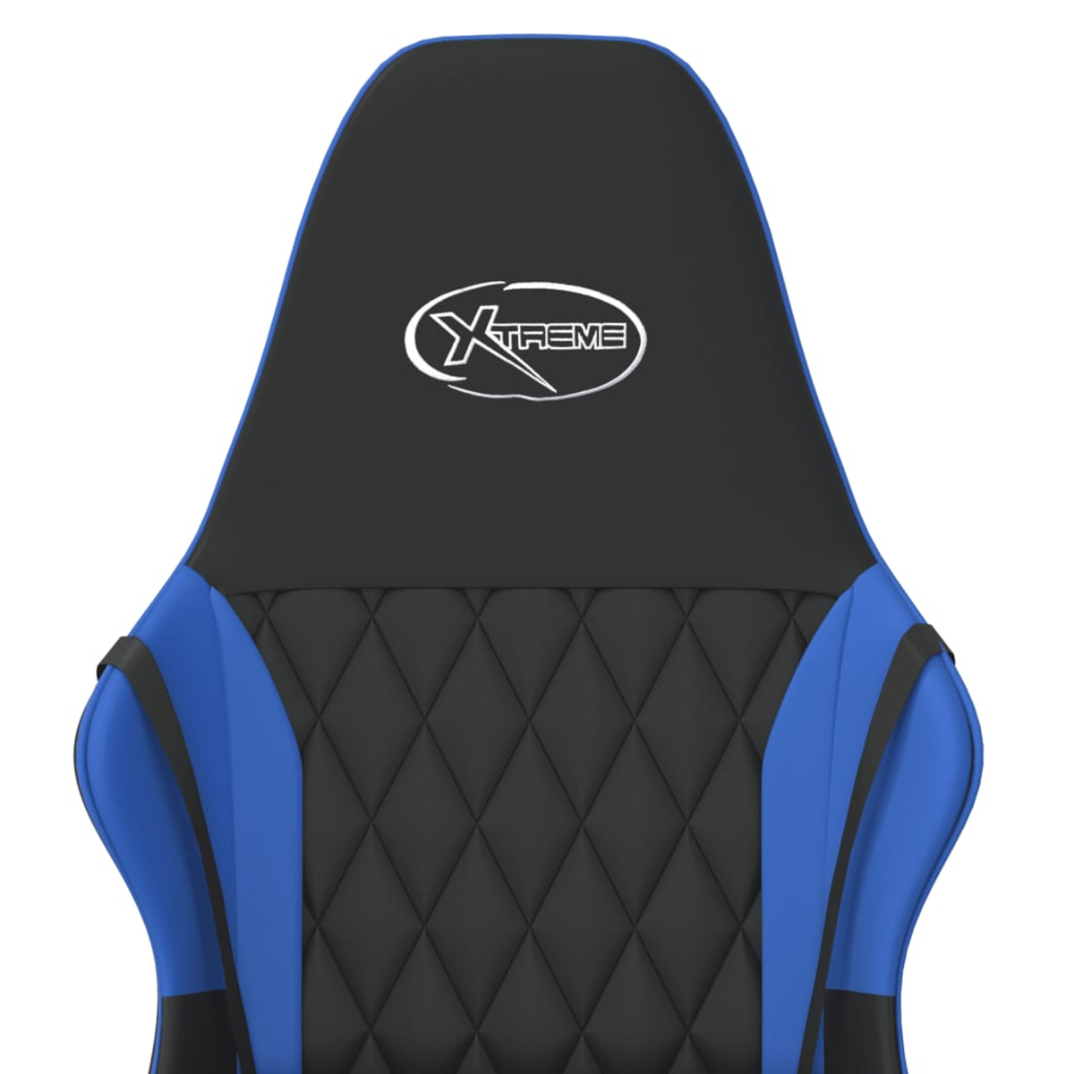 Ein blauer und schwarzer Gaming-Stuhl mit einem eingravierten Logo oben.