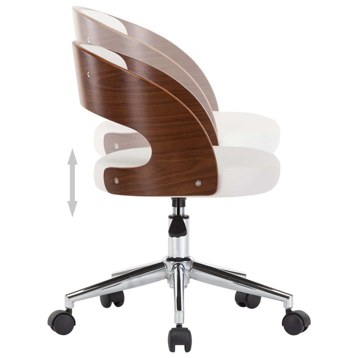 Bürostuhl mit weißem Sitz und geschwungener Holzlehne, auf Chromfuß mit Rädern.