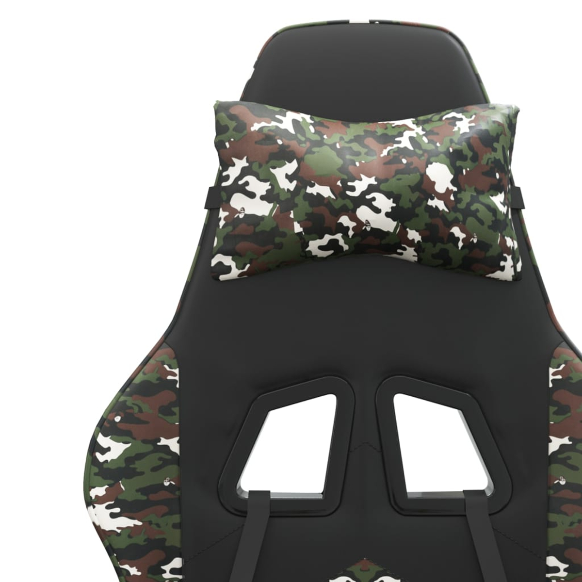 Schwarzer Gaming-Stuhl mit Tarnmuster-Kissen und Seiten