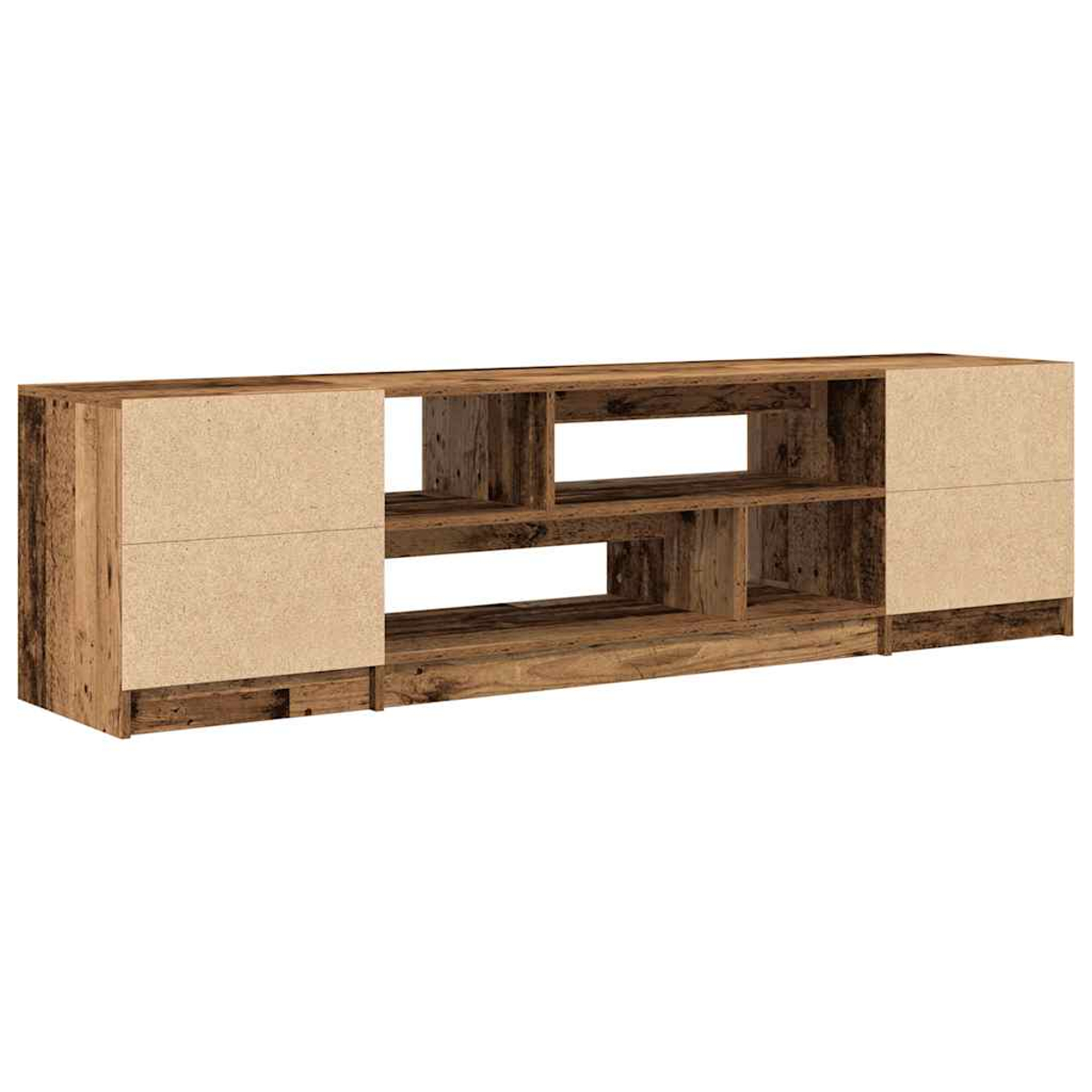 Ein langer, niedriger Medizinschrank aus Holz mit offenen Fächern und Schubladen.