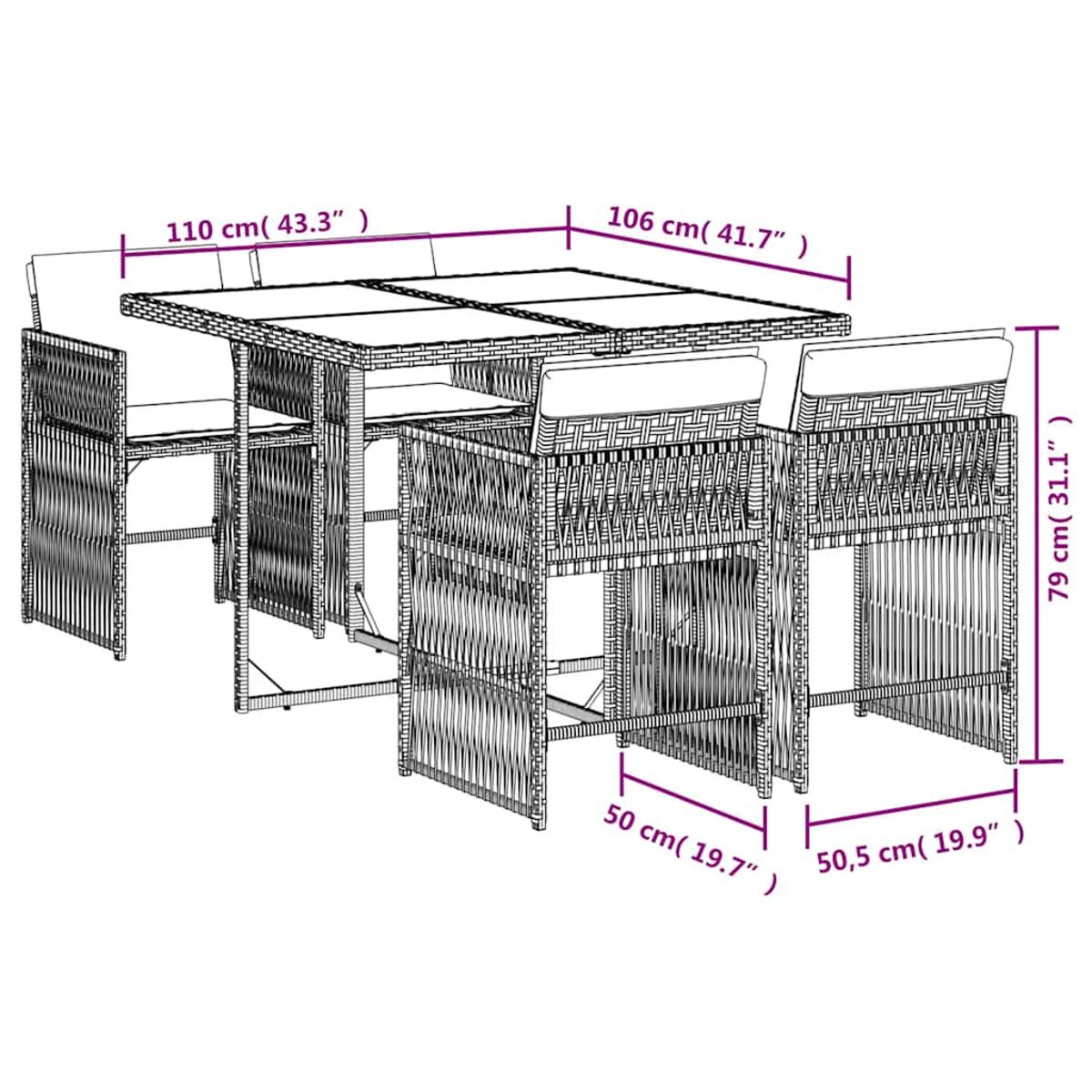 Un set da pranzo da giardino in rattan con dimensioni: tavolo 110x106x79 cm, sedie 50x50.5 cm.
