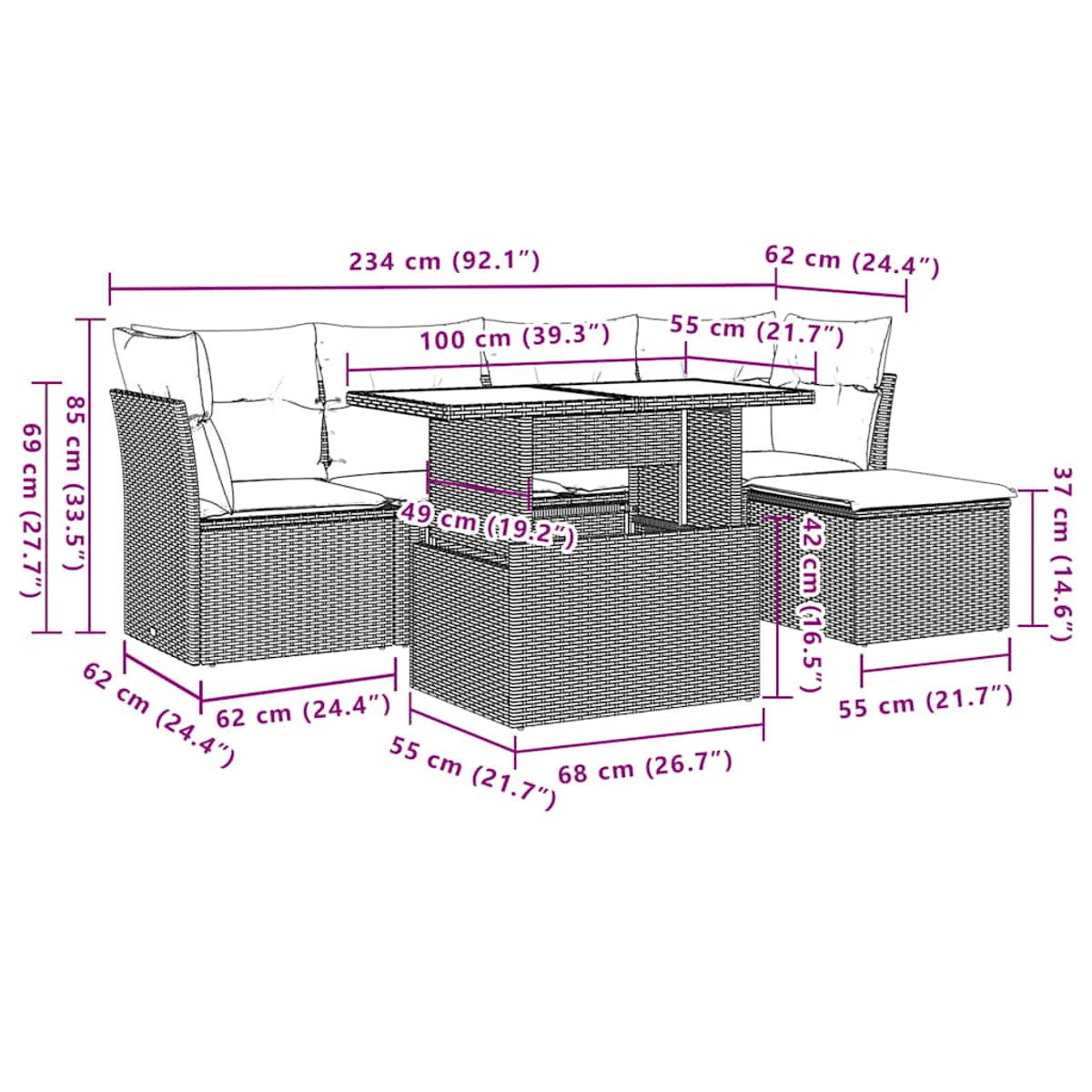 Geflechtmöbel-Set mit Tisch und Sitzgelegenheiten, Maße angegeben.