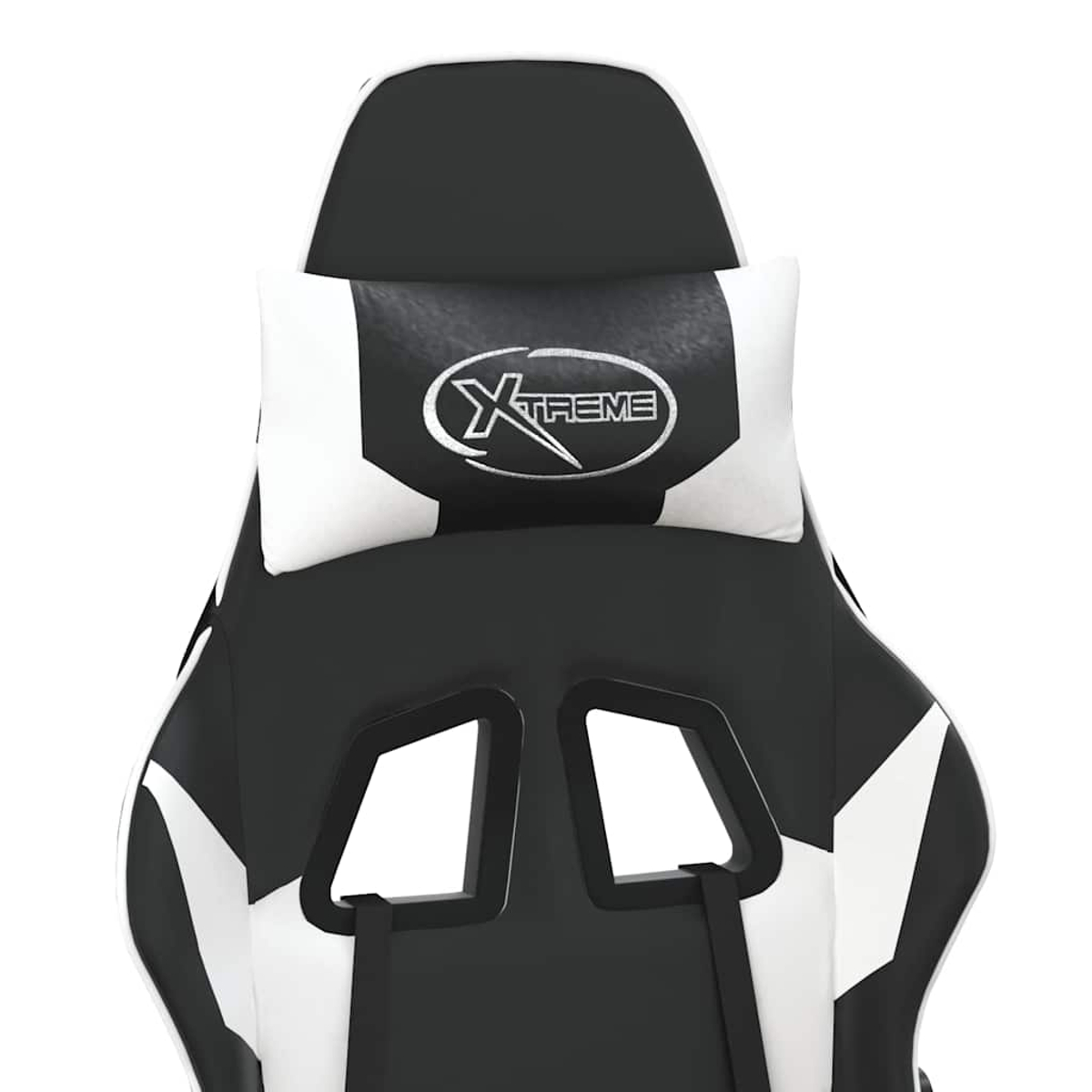 Ein schwarzer und weißer Gaming-Stuhl mit einem Kopfkissen mit dem Xtreme-Logo.
