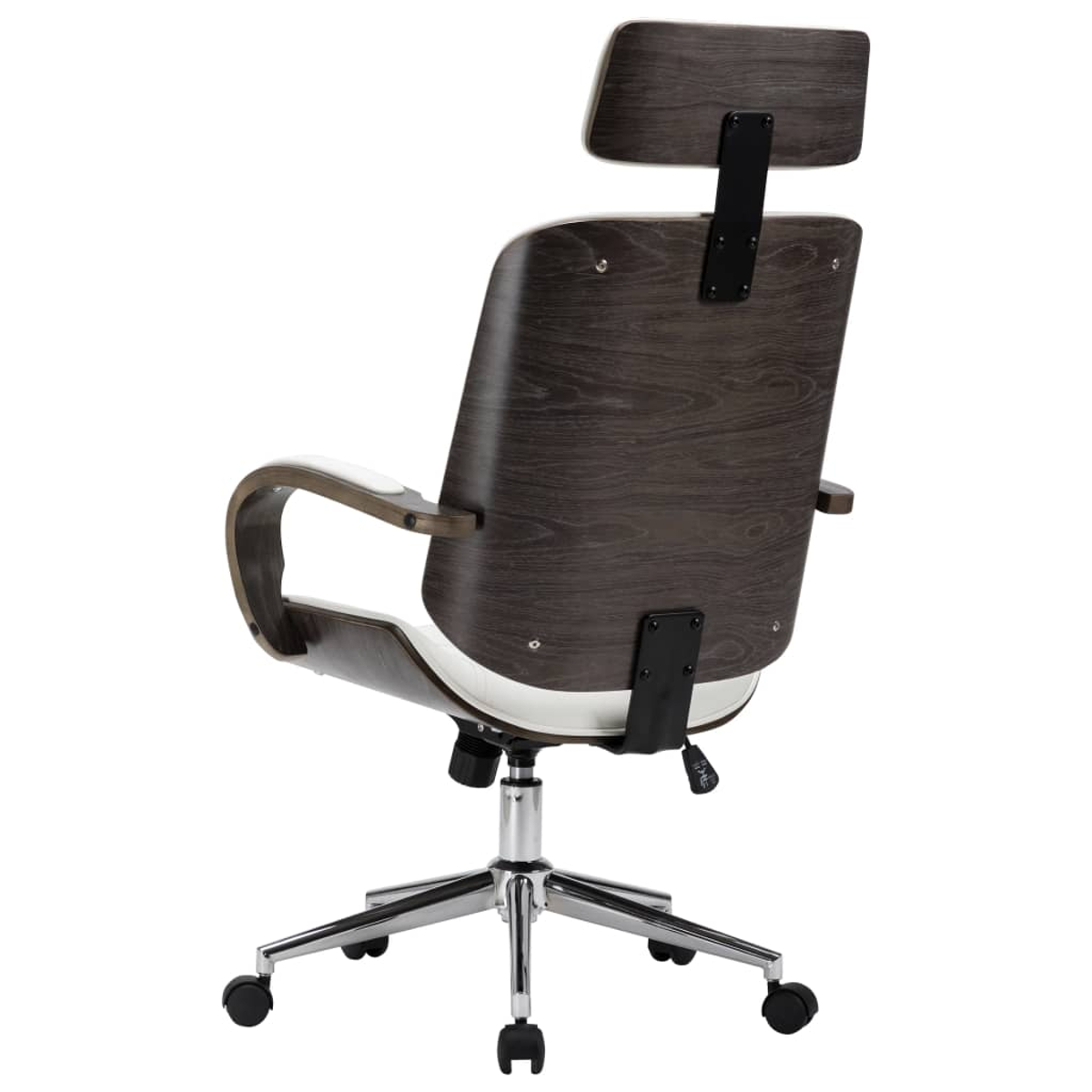 Rückansicht eines Bürostuhls mit dunklem Holzfurnier und weißem Sitz.