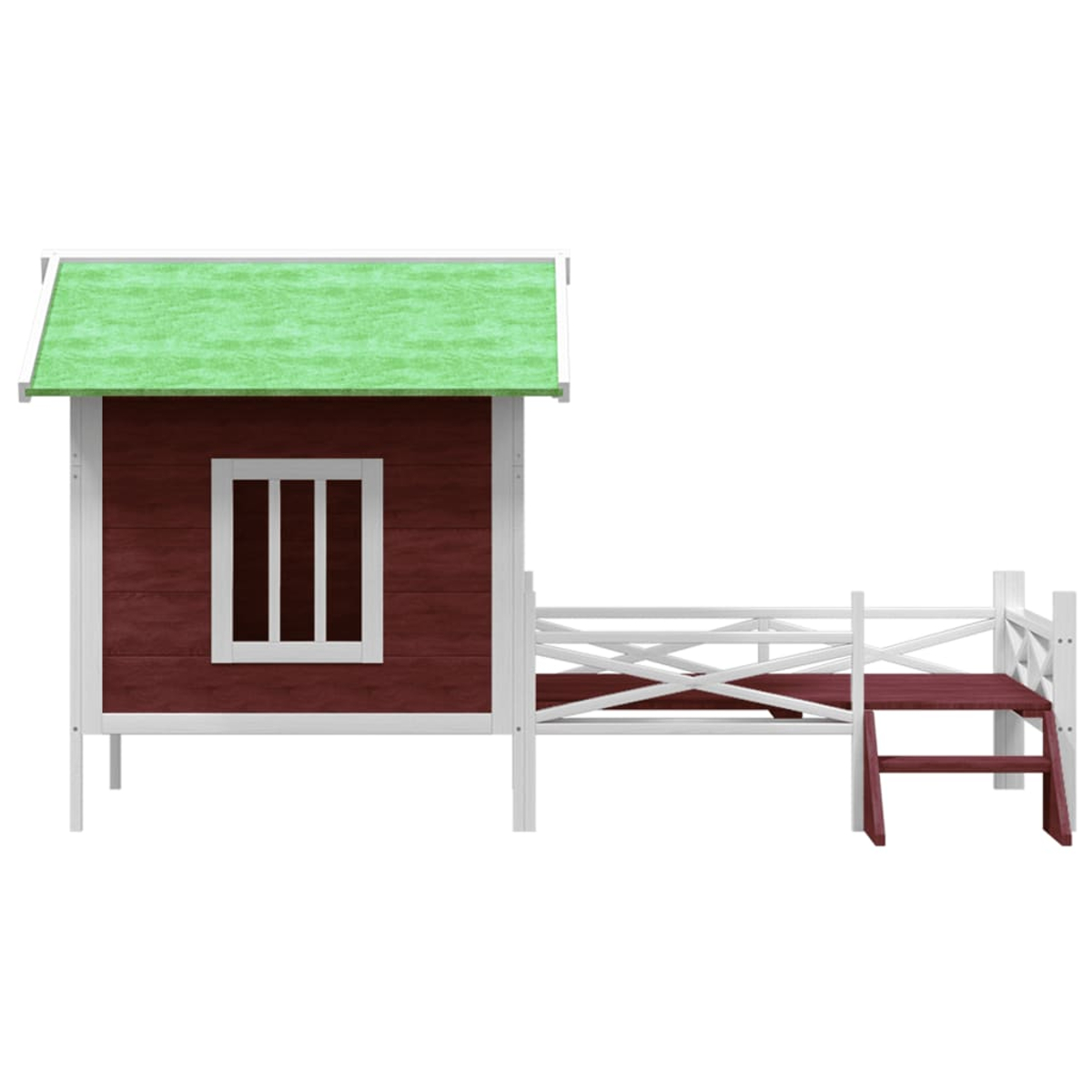 Ein kleines rotes Haus mit grünem Dach und einem weißen Zaun daneben.