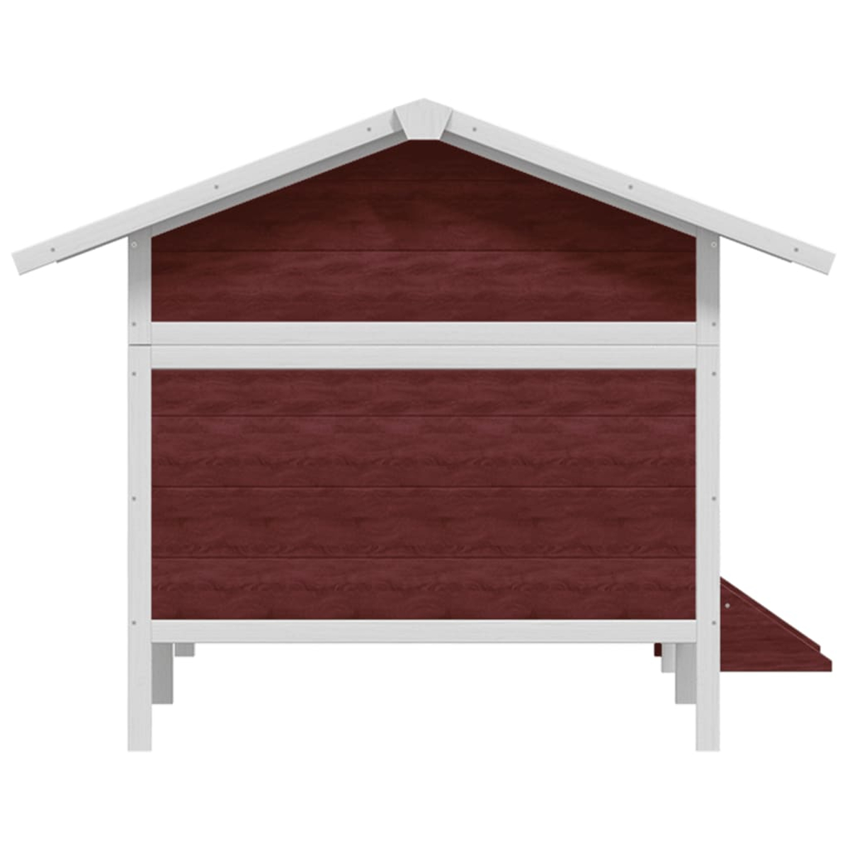 Ein dunkelrotes Holzhaus mit weißem Dach und weißen Pfosten. Es hat eine Rampe.