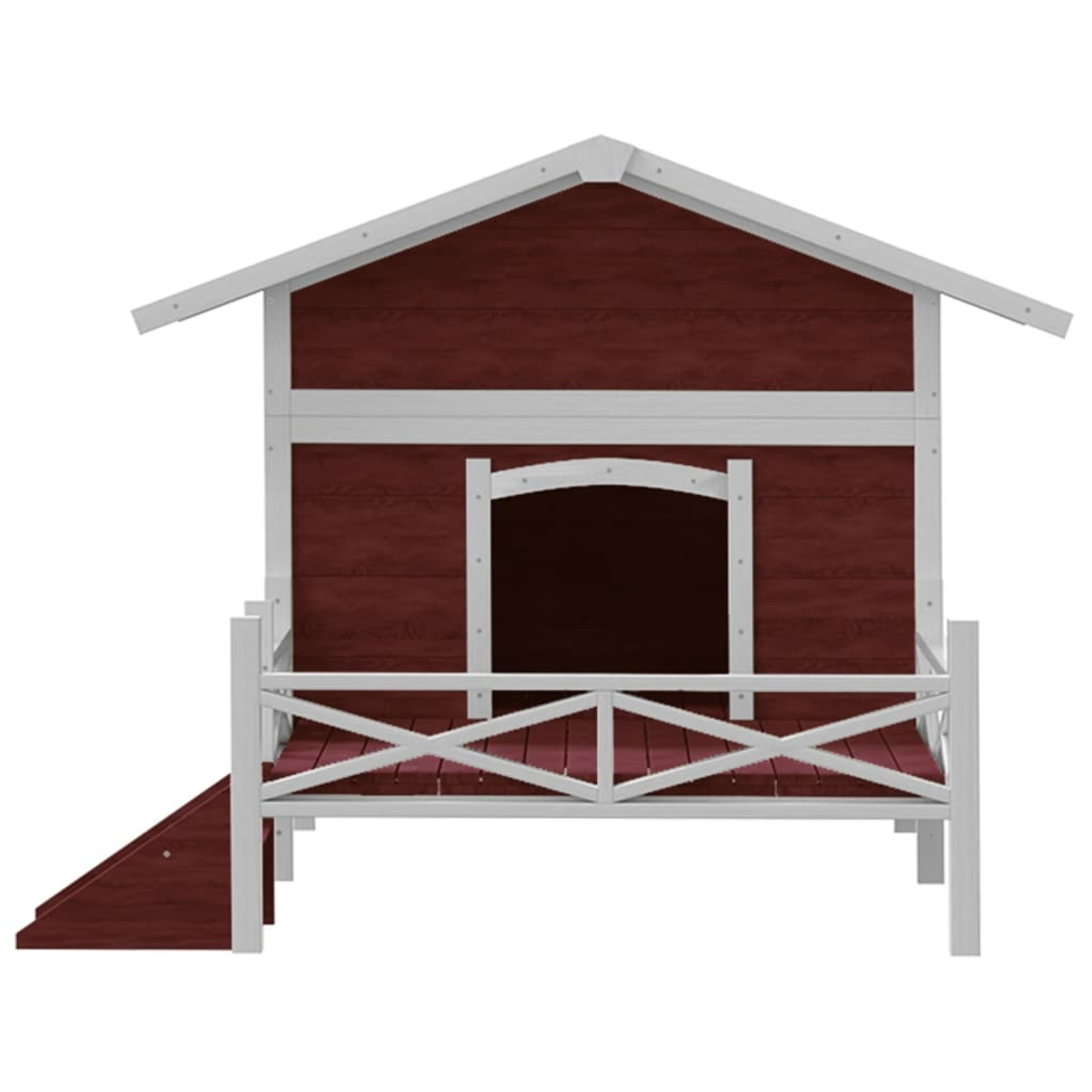 Ein rotes Holzhaus mit weißem Dach und Veranda, mit einer Rampe.