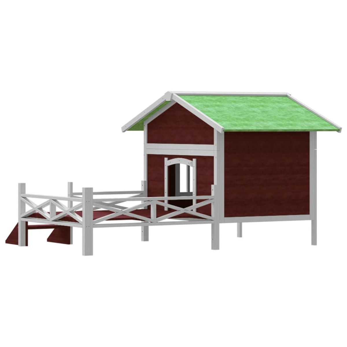 Ein dunkelrotes Holzspielhaus auf Stelzen mit grünem Dach und weißem Geländer.