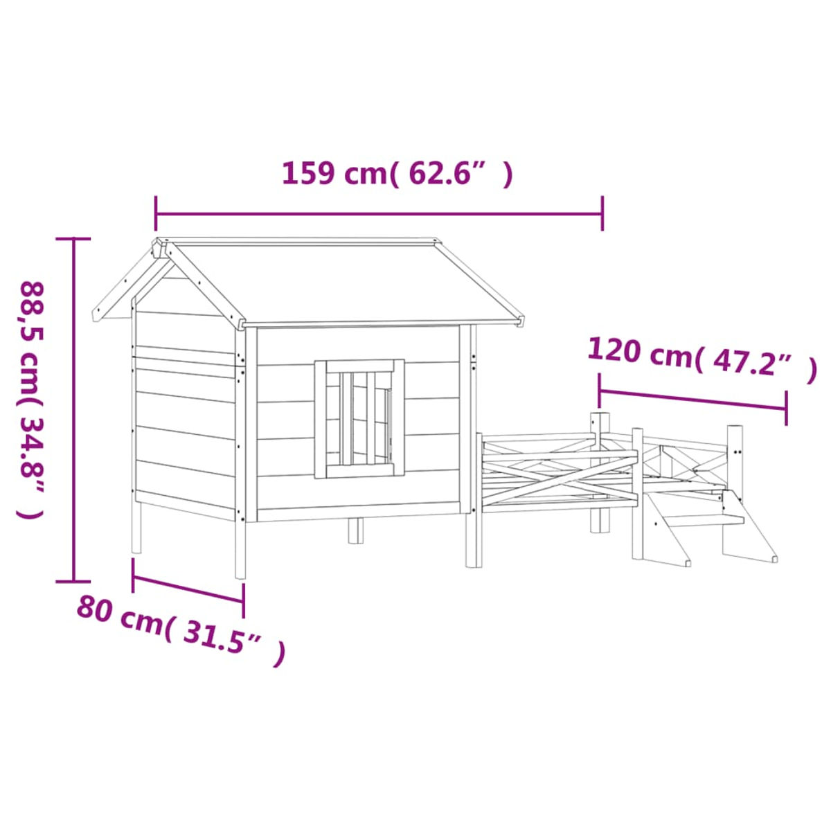 Holzhaus mit Fenster, Veranda und Maßen. Höhe 88,5 cm, Länge 159 cm, Breite 80 cm.