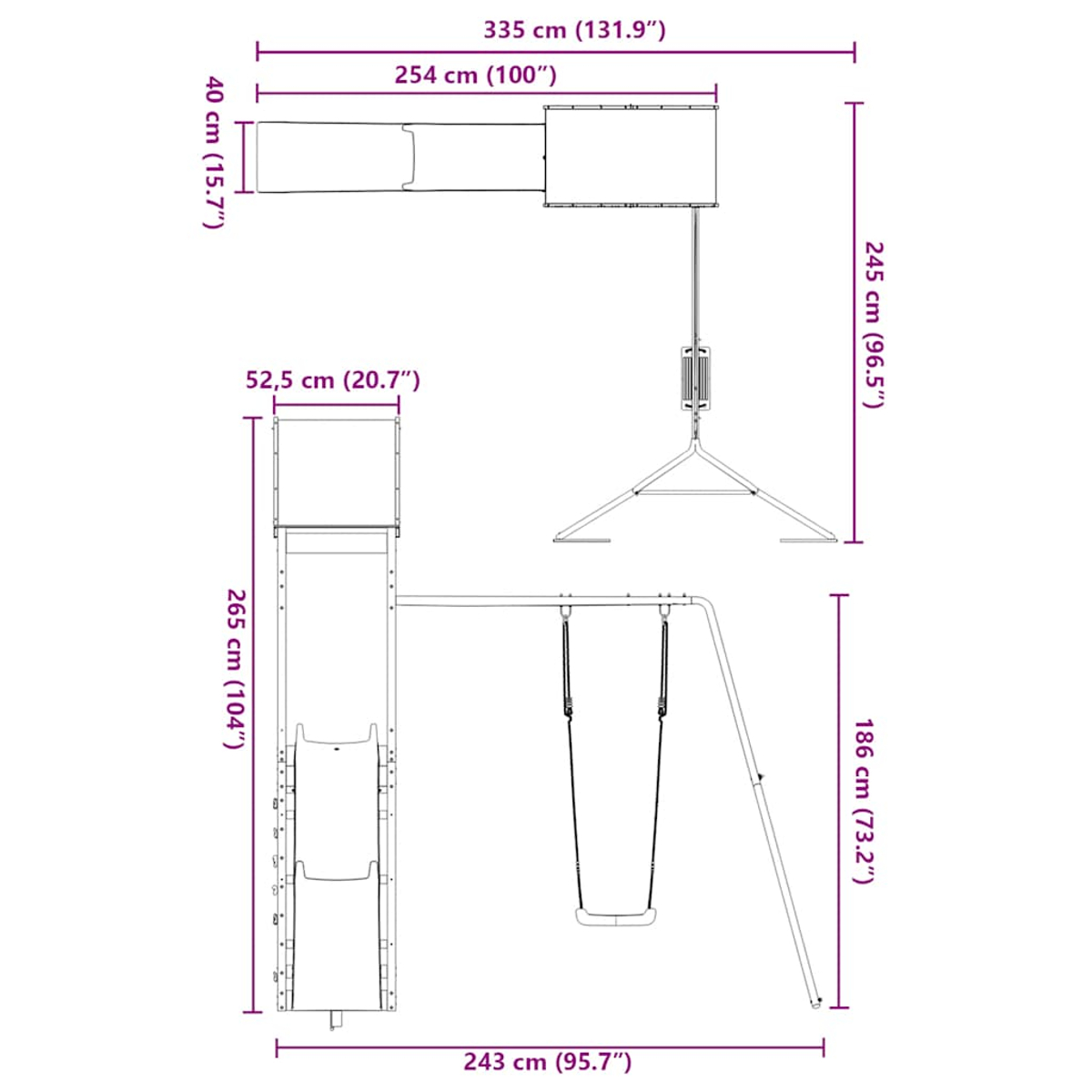 Diagramma di una torre da gioco con scivolo, altalena e dimensioni.