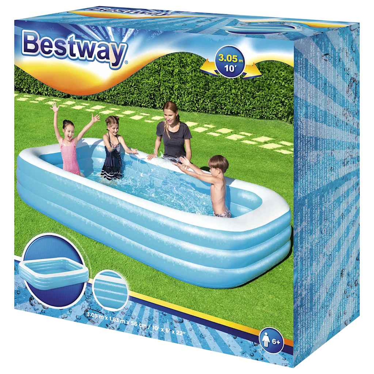 Bestway Pool mit Kindern im Garten. Maße 3.05m x 1.83m x 56cm.