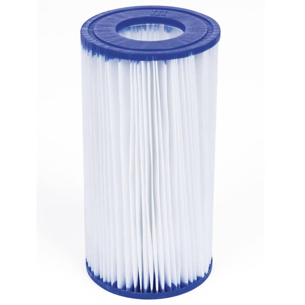 Ein zylindrischer Poolfilter mit blauen Endkappen und weißen Falten.