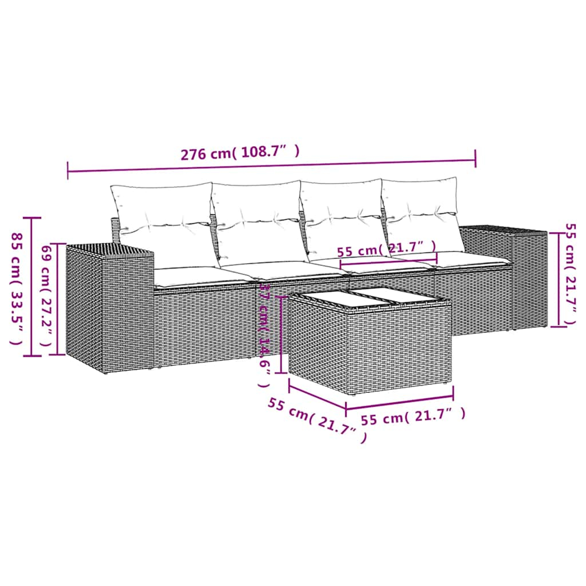 Geflochtenes Sofa und Tisch mit Maßen, Kissen auf dem Sofa.