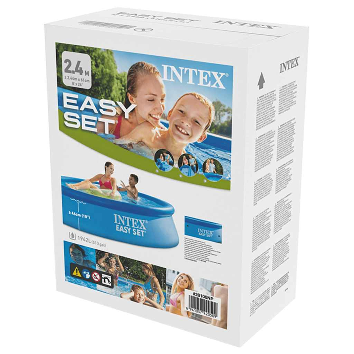 Scatola per piscina INTEX Easy Set, con persone che nuotano e dettagli.