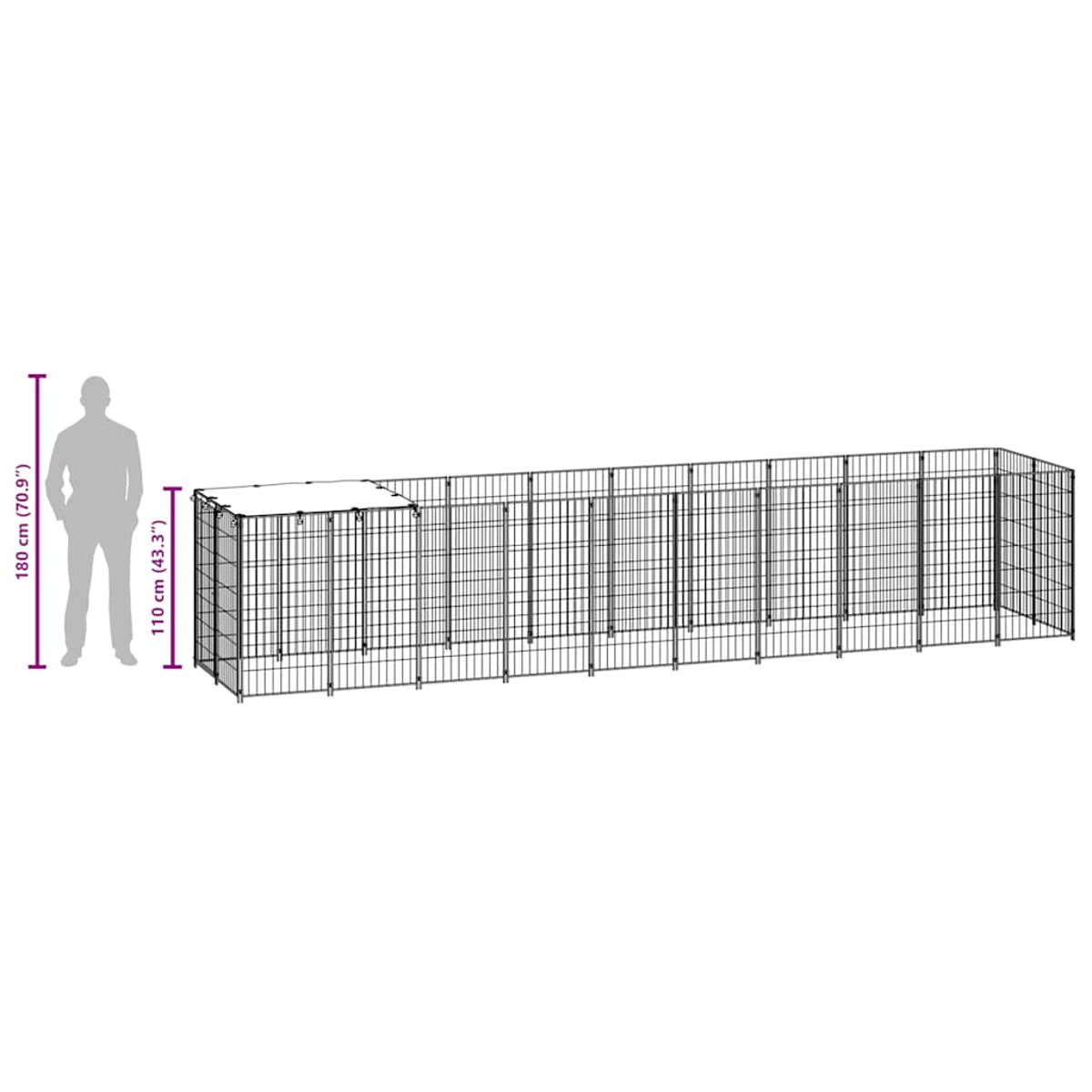 Ein langer, schwarzer Metallkäfig mit Türen, neben einer menschlichen Silhouette.