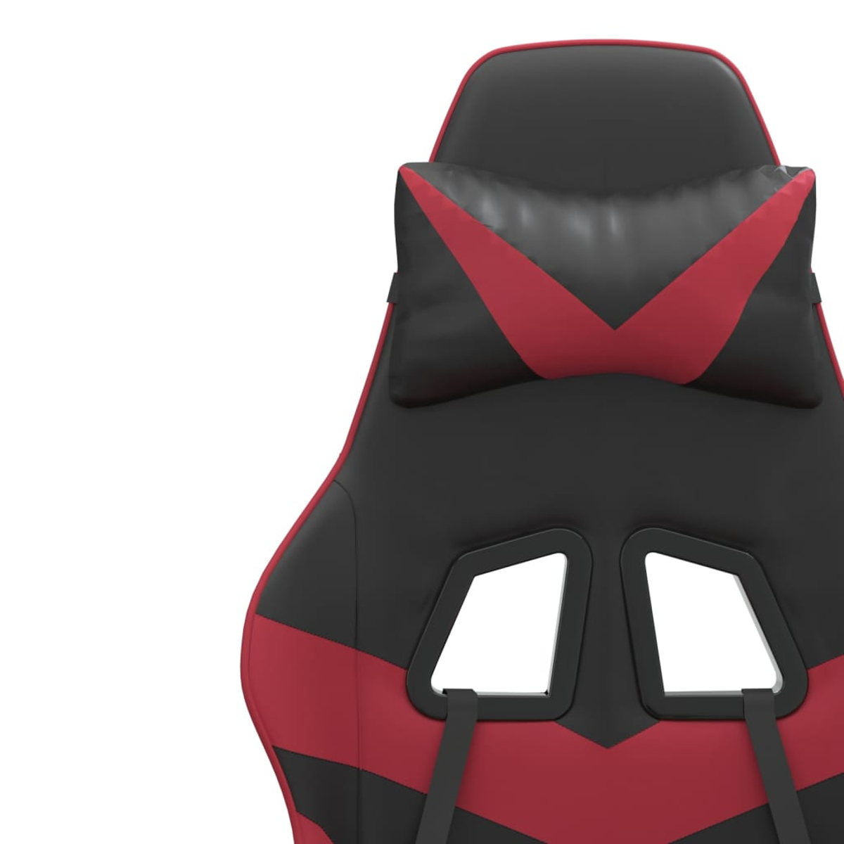 Ein schwarzer und roter Gaming-Stuhl mit Kopfkissen und Aussparungen.