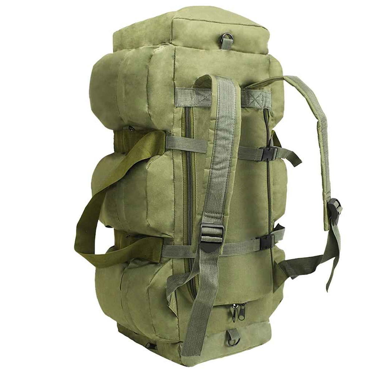 Ein großer, olivgrüner Rucksack mit mehreren Taschen, Schnallen und Gurten.
