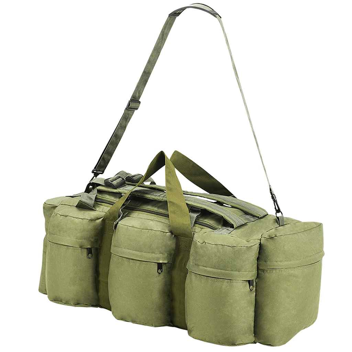 Eine olivgrüne Reisetasche mit mehreren Außentaschen und einem Schultergurt.