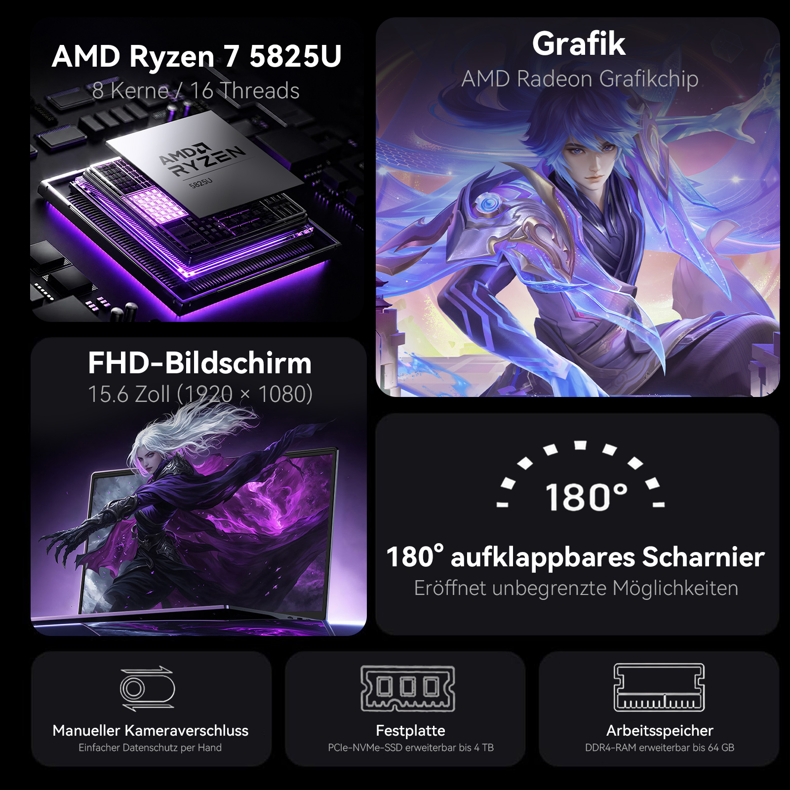 Laptop-Spezifikationen: AMD Ryzen 7 CPU, FHD-Display, Radeon Grafik, 180° Scharnier.
