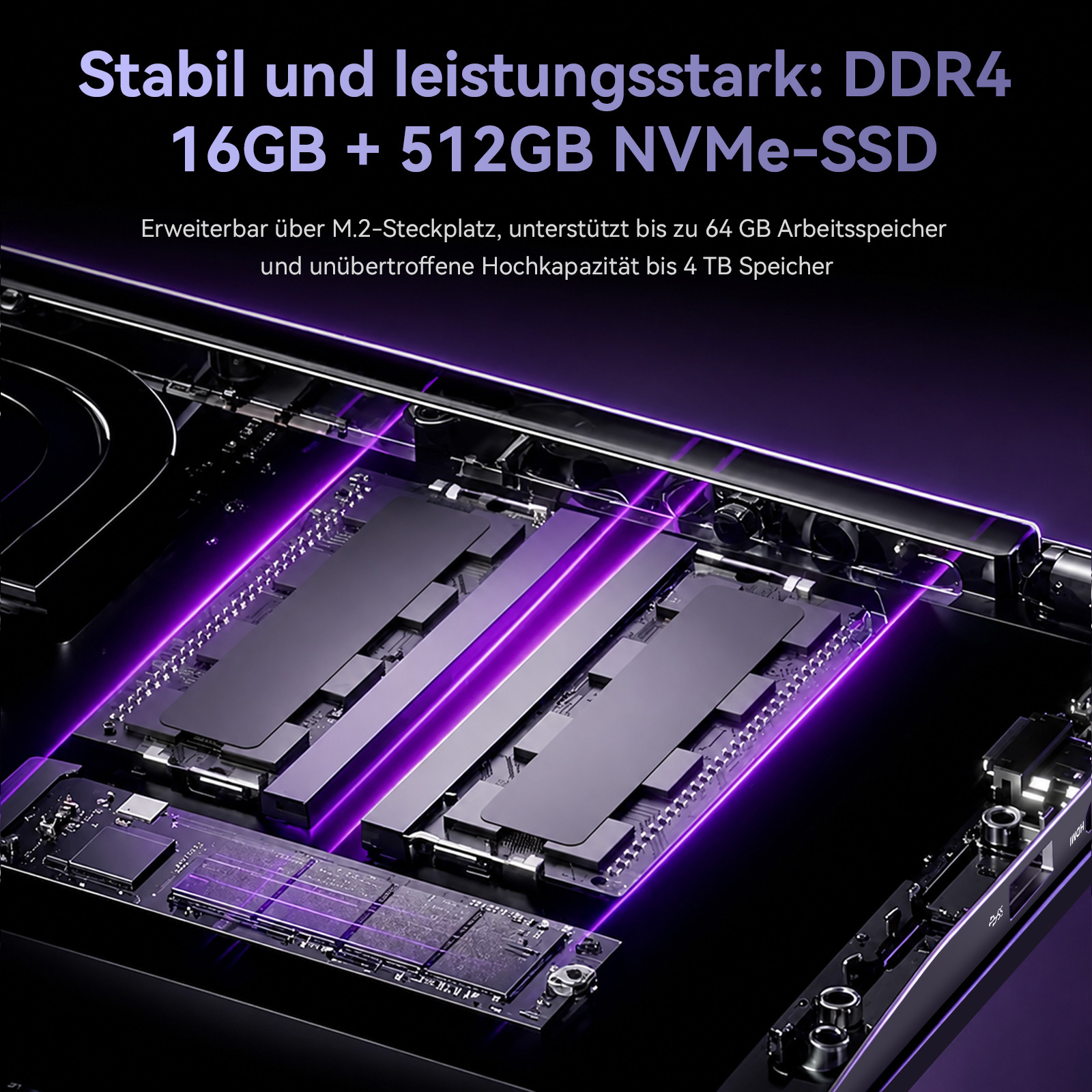 Computer-Hauptplatine mit lila Lichtern, RAM-Riegeln und SSD.