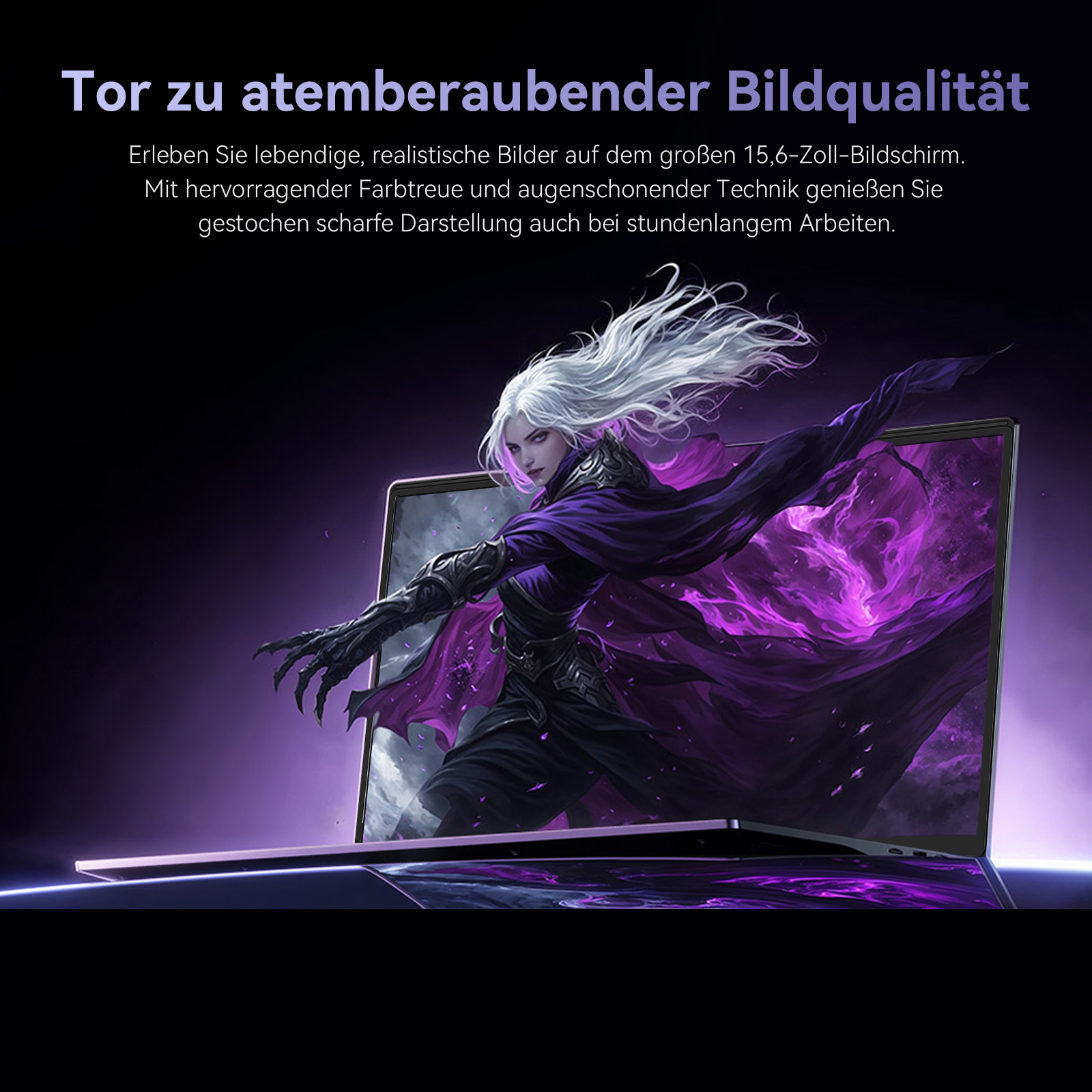 Ein Laptop zeigt eine fantastische Figur mit weißem Haar und lila Umhang.