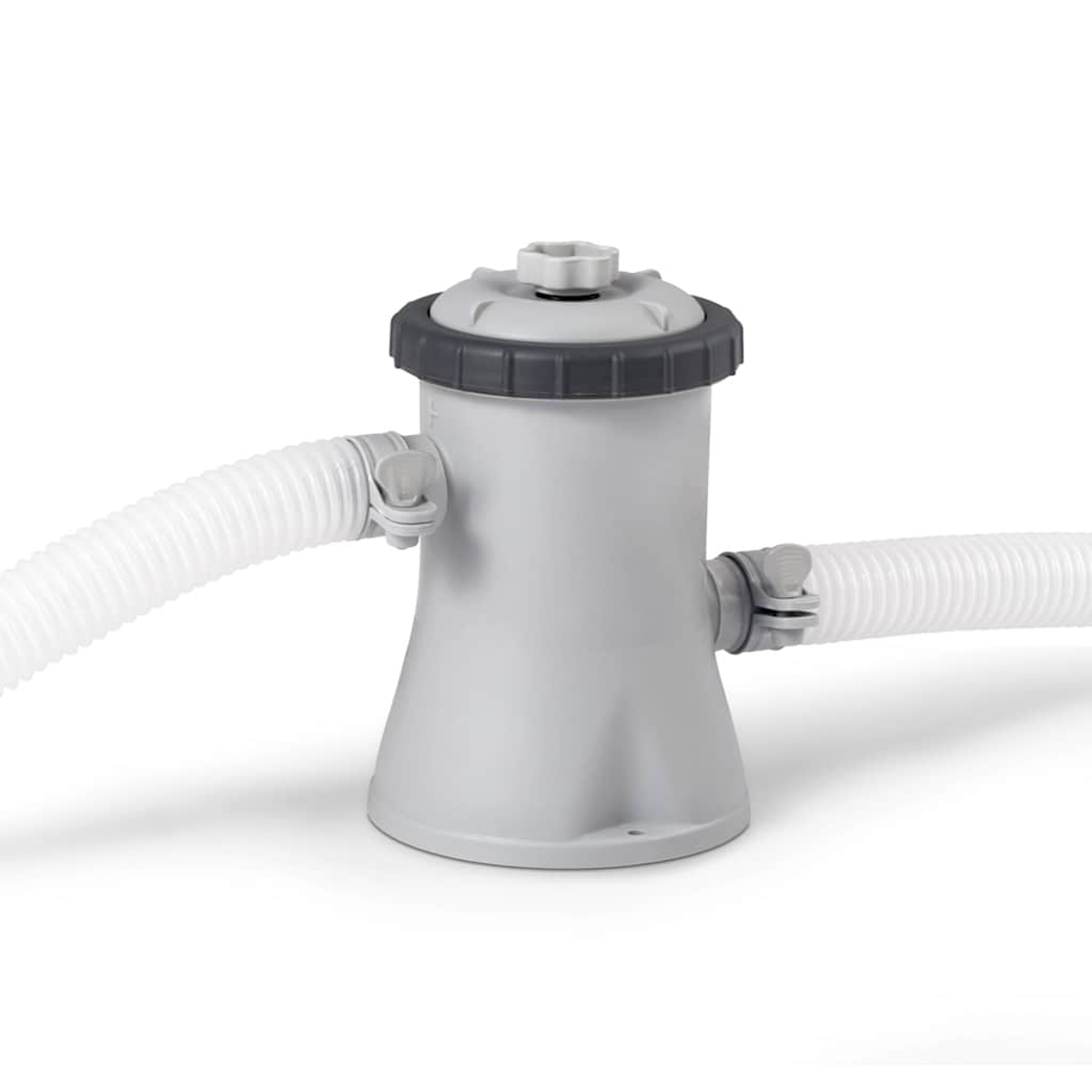 Grauer Poolfilter mit weißen Schläuchen, die an beiden Seiten befestigt sind.