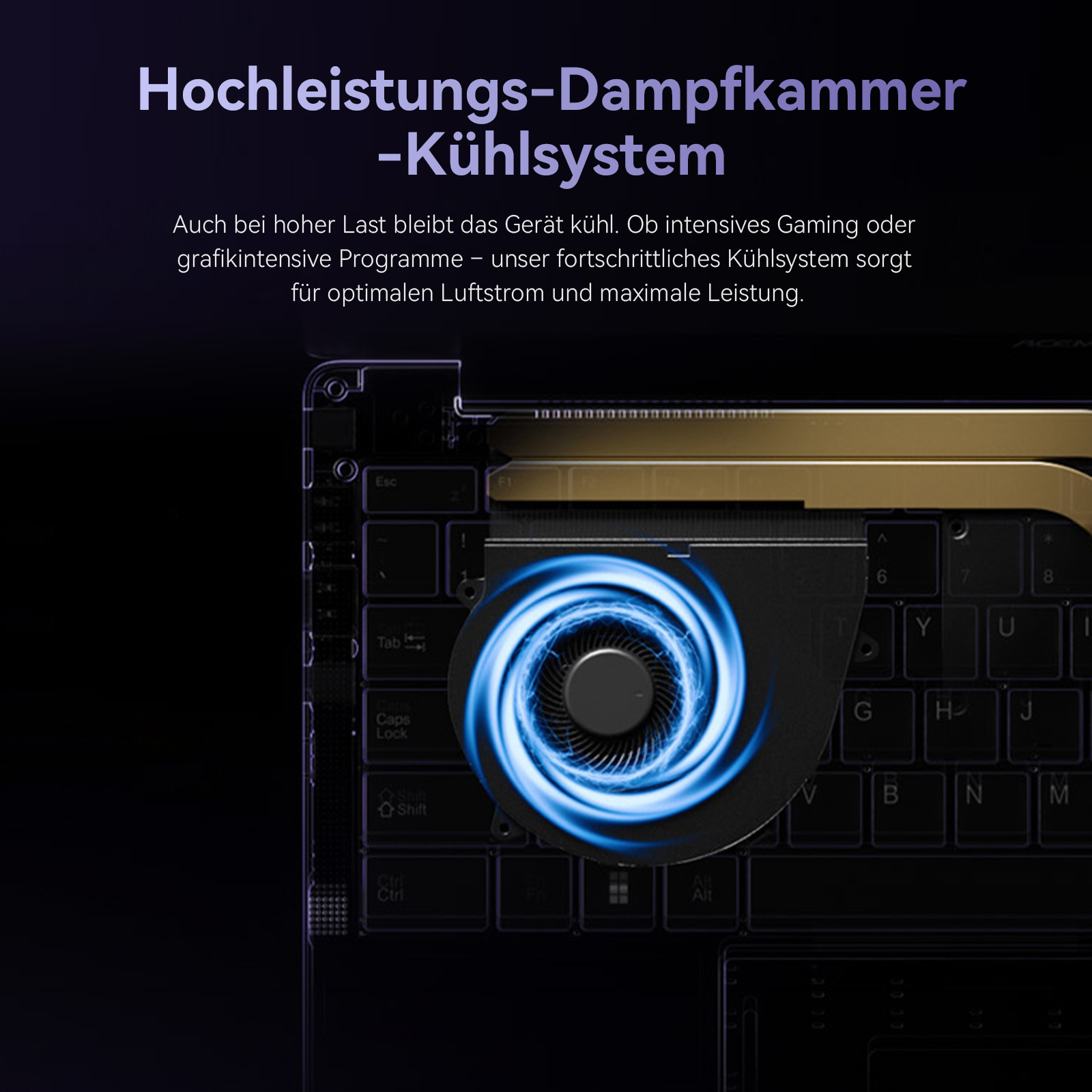 Ein Laptop-Lüfter mit blauer Beleuchtung über einer Tastatur.