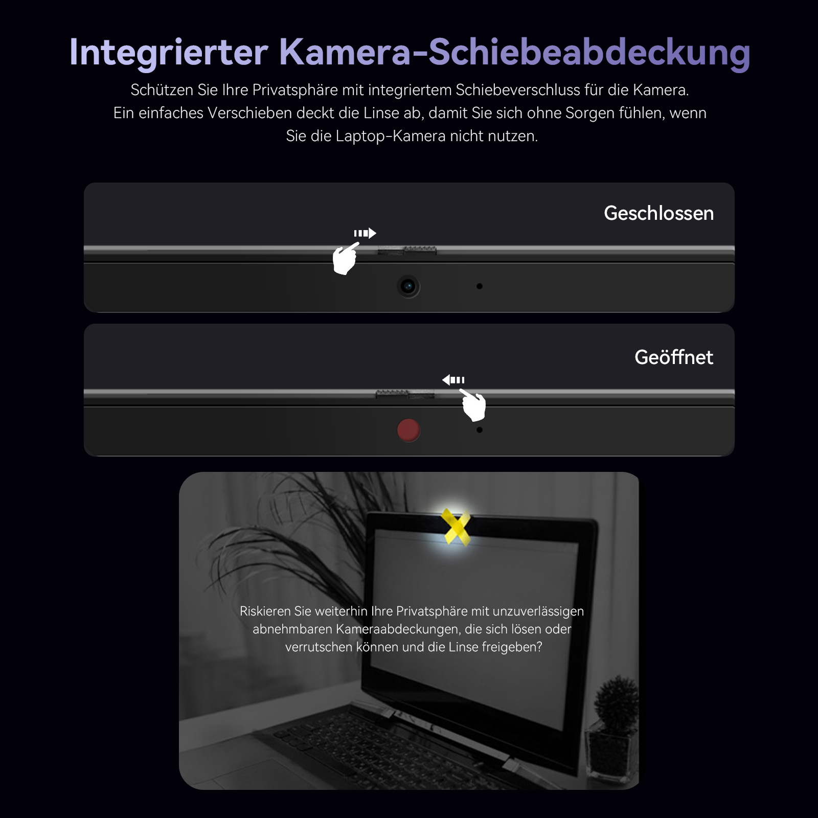 Laptop-Kamera mit Schiebeabdeckung, geschlossen und geöffnet.