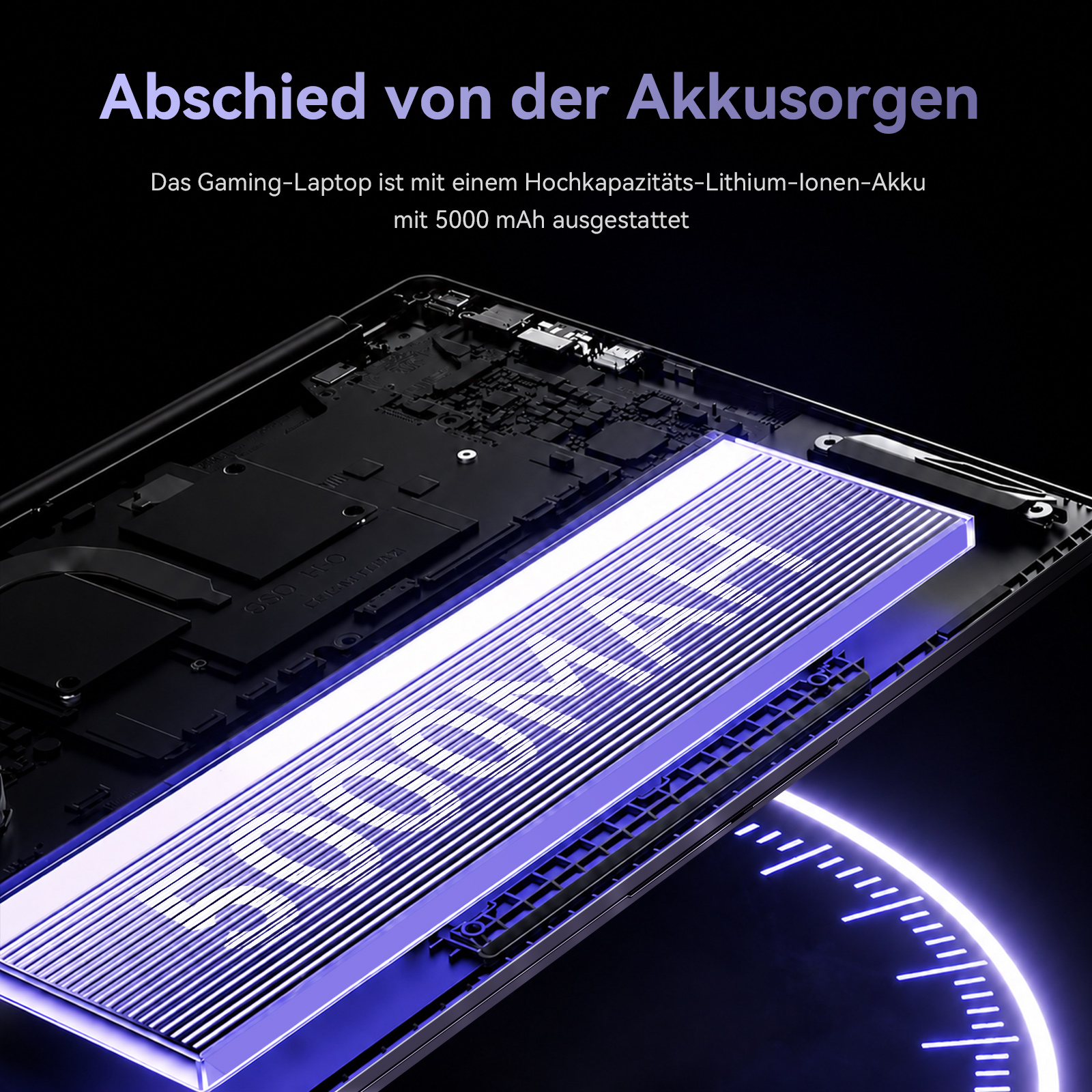 Gaming-Laptop mit 5000 mAh Akku, offenliegende Komponenten und beleuchteter Akku.