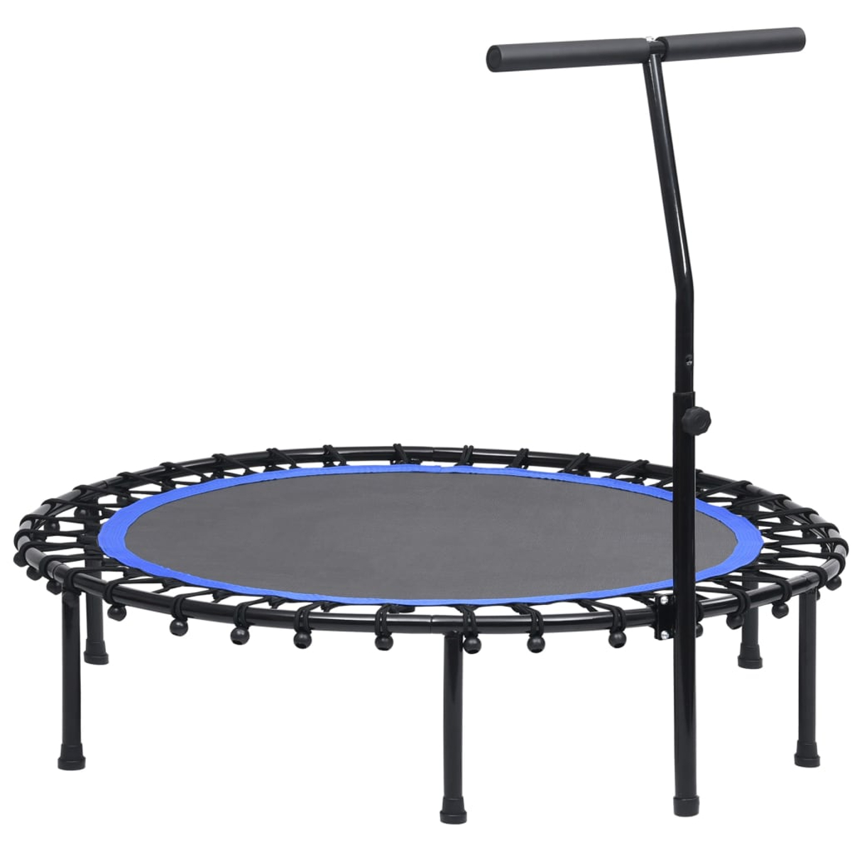 Un trampolino nero con bordo blu e maniglia su sfondo bianco.